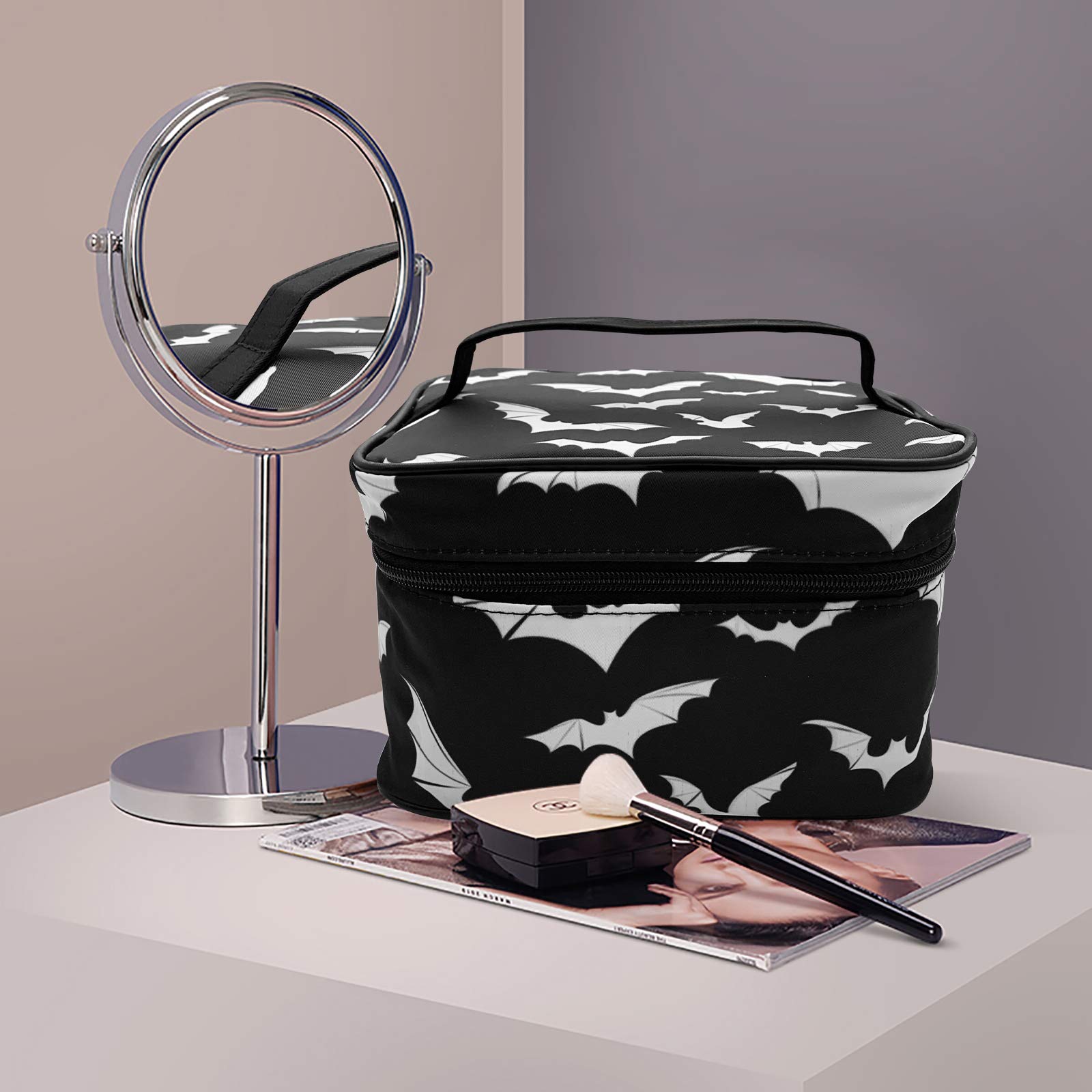 9CH Goth Makeup Organizer Bag, Halloween Makeup Bags Large Cosmetic Bag with Adjustable Dividers Portable Bat Cosmetic Case for Make up Brushes Toiletry Jewelry（Black Bats） thumbnail 3
