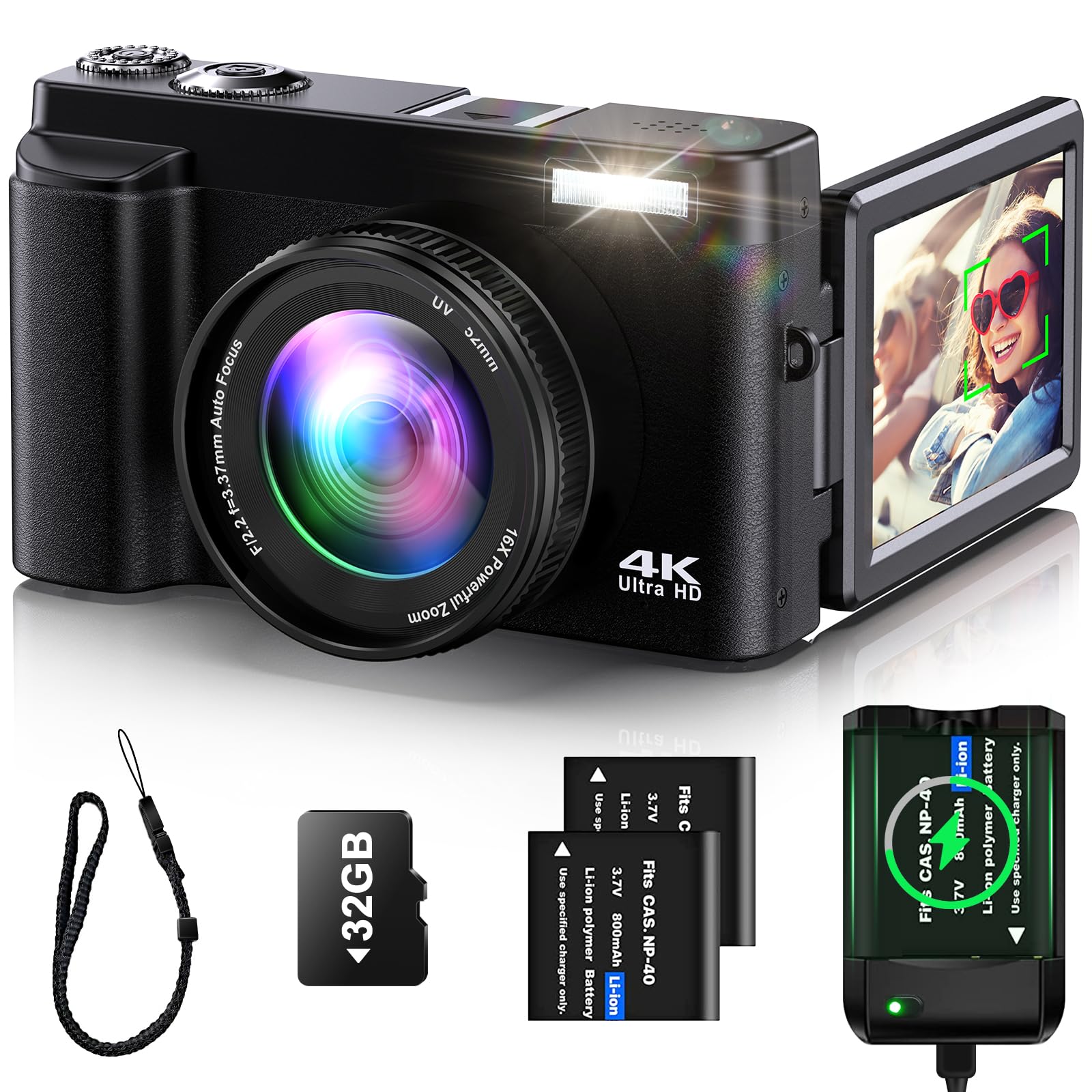 4K Digital Camera for Photography Auto-Focus Vlogging Camera for YouTube Video with 3'' 180° Flip Screen 16X Anti-Shake 4K Camera Compact Cameras with SD Card, Flash, 2 Batteries & Battery Charger thumbnail 1