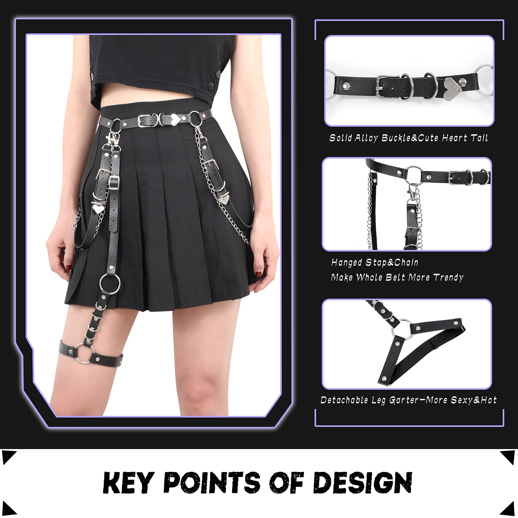 WERFORU Women Punk PU Leather Belt with Chain Ladies Gothic Rock Waist Belt with Leg Garters: A-black-with Leg Garter 01-Fit waist 29"-40"&leg girth below 24"