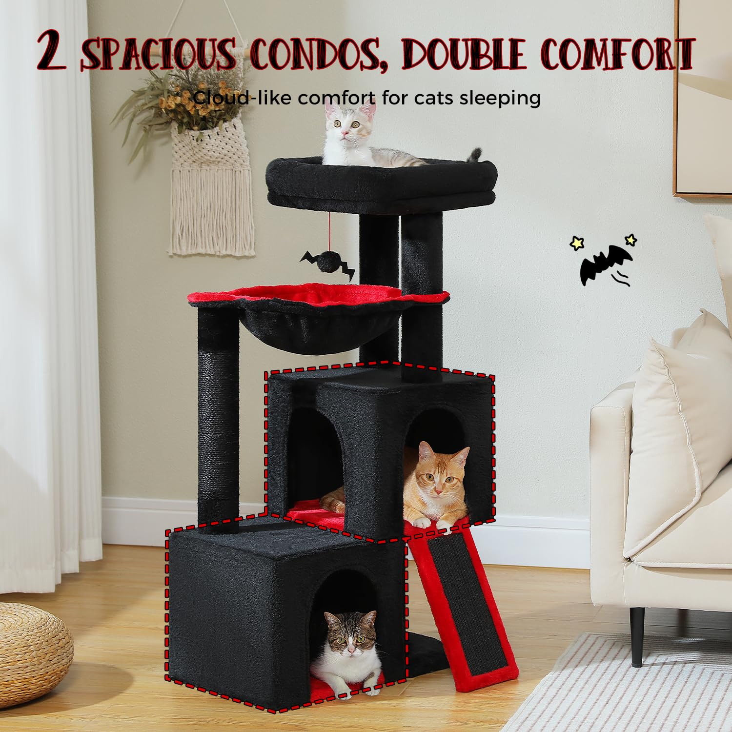 PAWZ Road Large Cat Tree, 41 Inches Gothic Cat Tower with 2 Spacious Condos for Indoor Cats, Large Black Cat House with Comfy Hammock, Padded Perch, Scratching Pad and Replaceable Balls-Black: 41 Inches Black