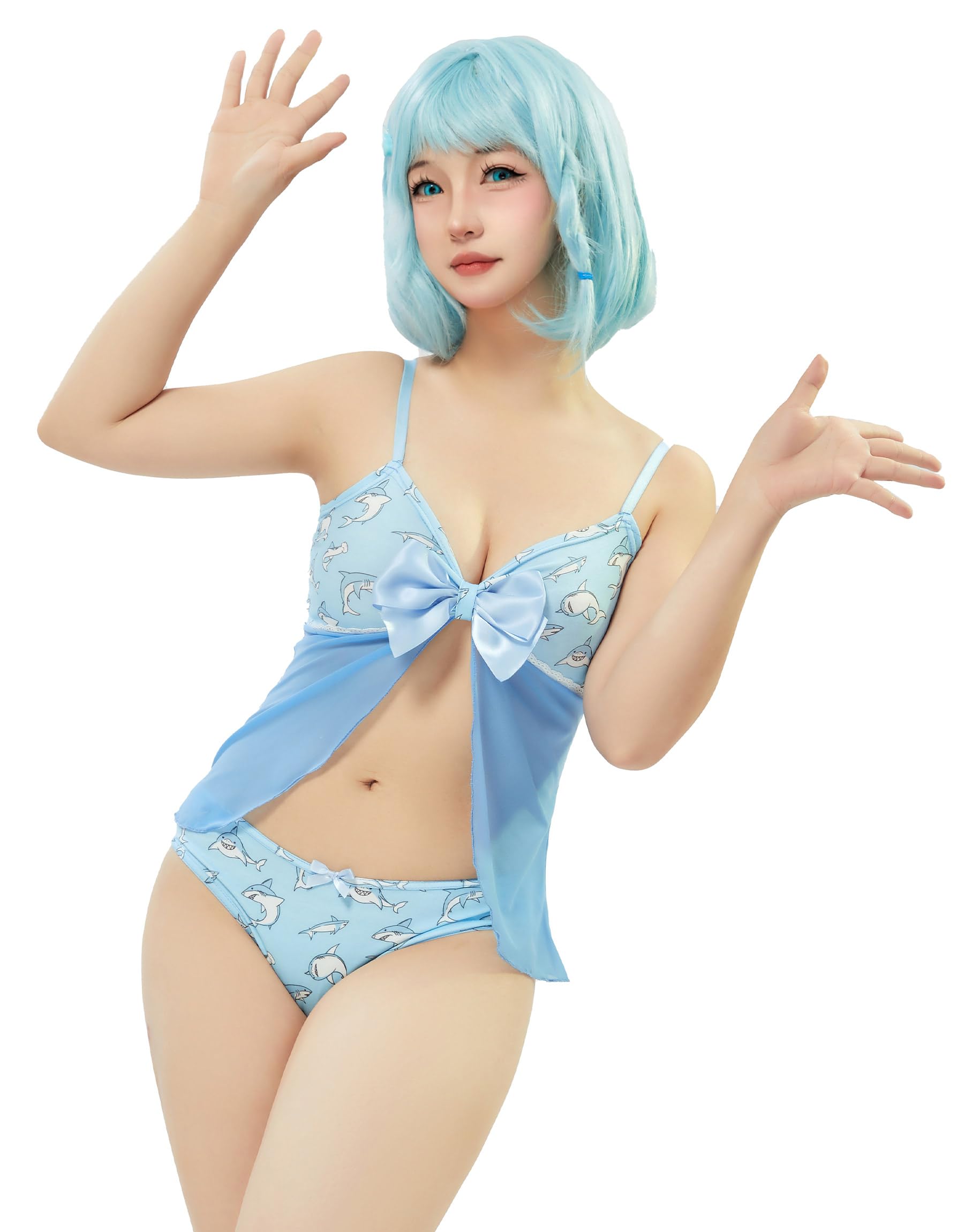Mobbunny Women Lingerie Lace Babydoll Chemise Strap Nighties Sheer Mesh Sleepwear Baby Shark Loungewear: X-Large Blue