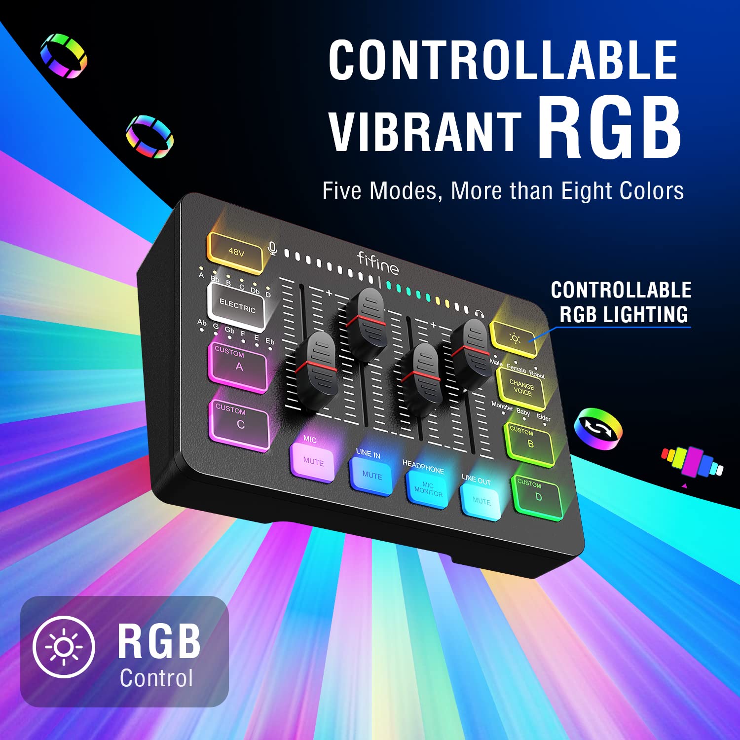 FIFINE Gaming Audio Mixer, Streaming RGB PC Mixer with XLR Microphone Interface, Individual Control, Volume Fader, Mute Button, 48V Phantom Power, for Podcast/Recording/Vocal/Game Voice-AmpliGame SC3 thumbnail 6