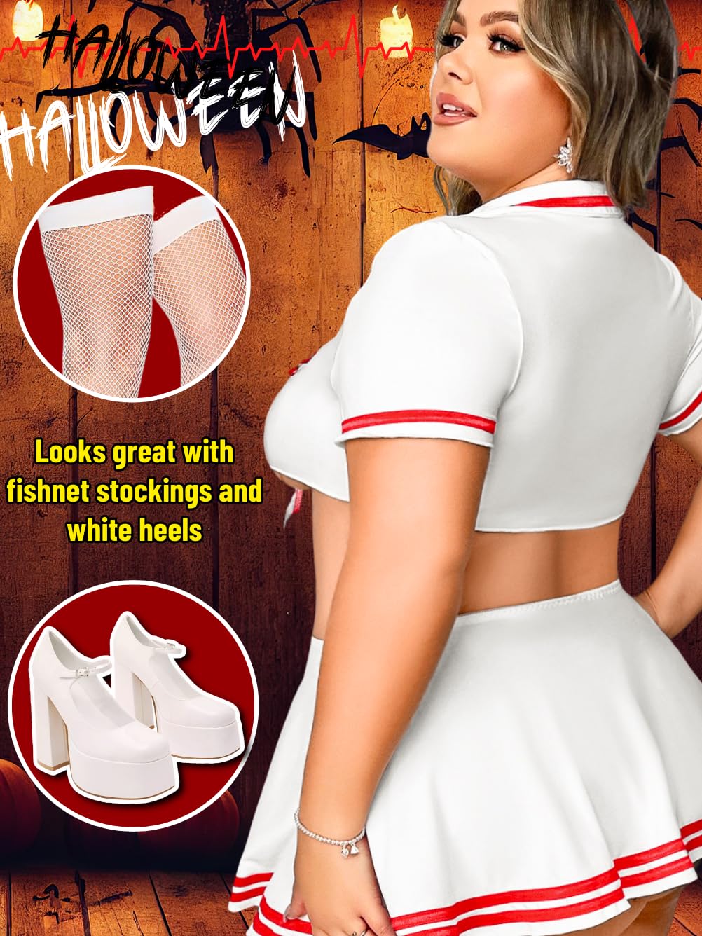 Kaei&Shi Plus Size Nurse Lingerie Costume,Cosplay Outfit For Curvy Women,4 Piece Valentines Halloween Outfits: White 2X-Large