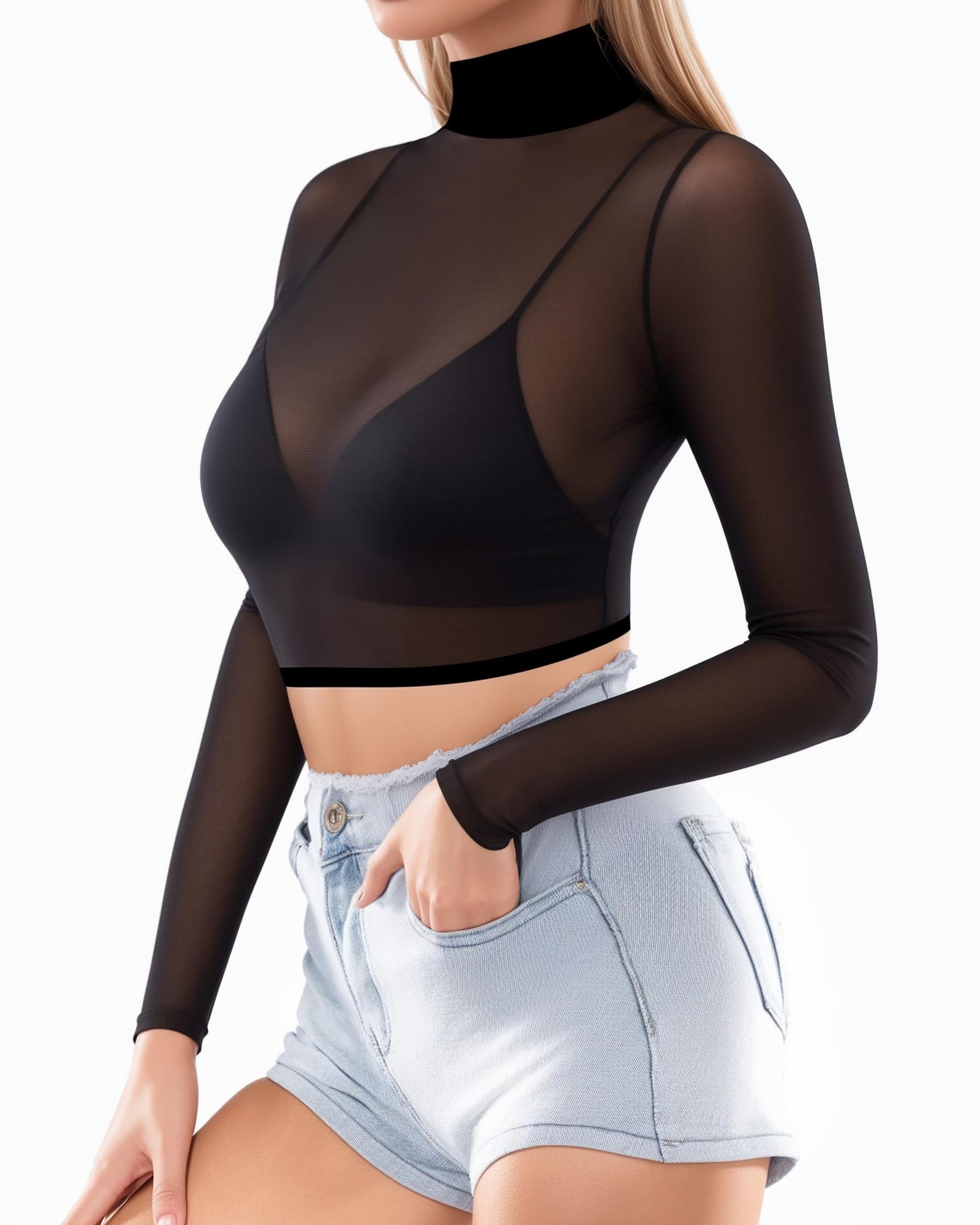 MANGOPOP Women's Short Sleeve Long Sleeve Sheer Mesh Crop Tops Tee Shirt Blouse