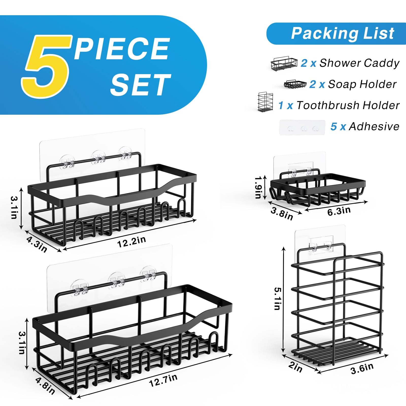 Adhesive Shower Caddy, 5 Pack Rustproof Stainless Steel Bath Organizers With Large Capacity, No Drilling Shelves for Bathroom Storage & Home Decor: upgrade-5-piece set Black