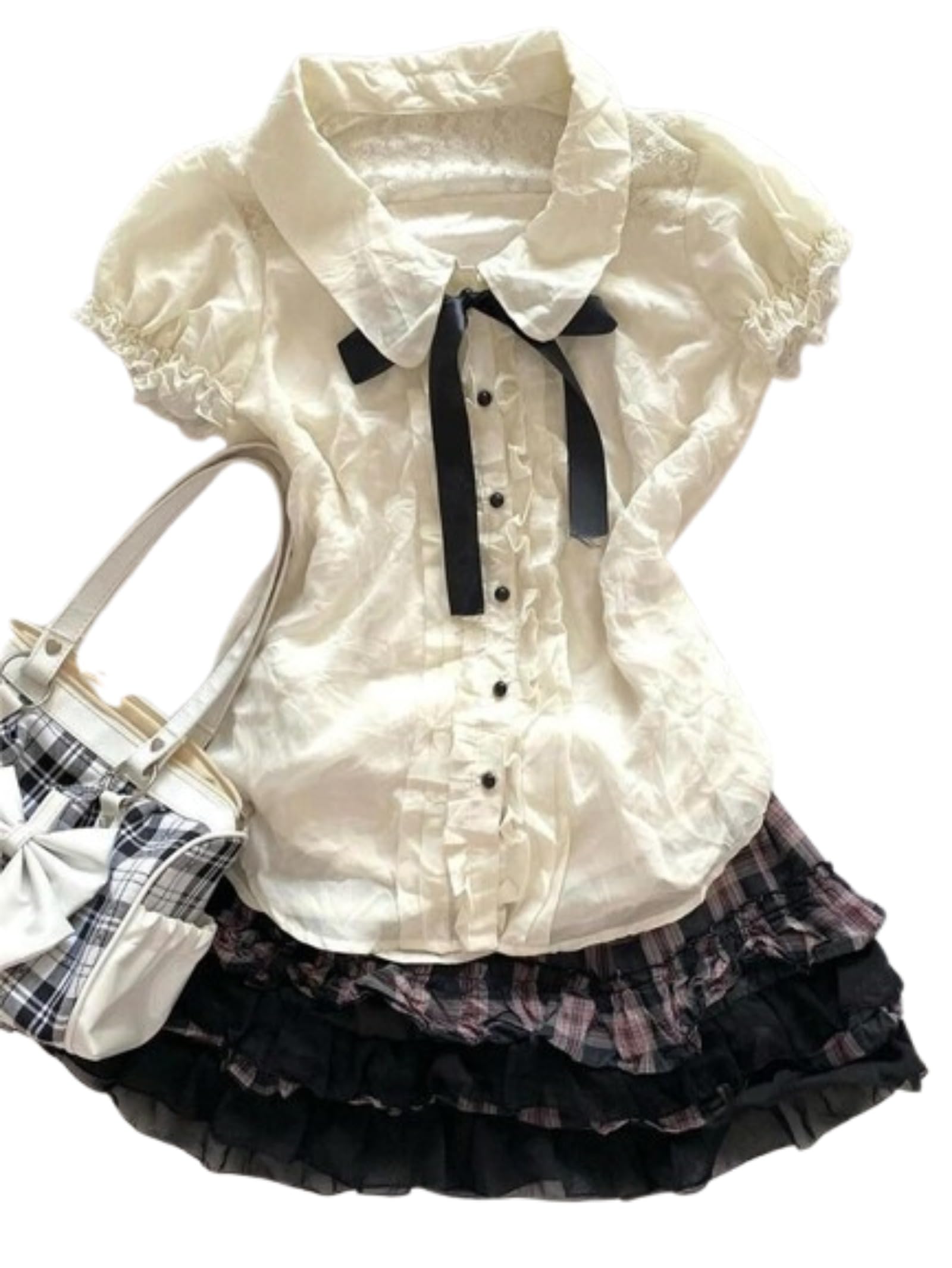 Wayolyn Lolita Shirts Kawaii Cute Clothes Blouse Lace Short Jirai Kei Fashion Puff Sleeve Shirt Ruffle Top with Bow Cutecore
