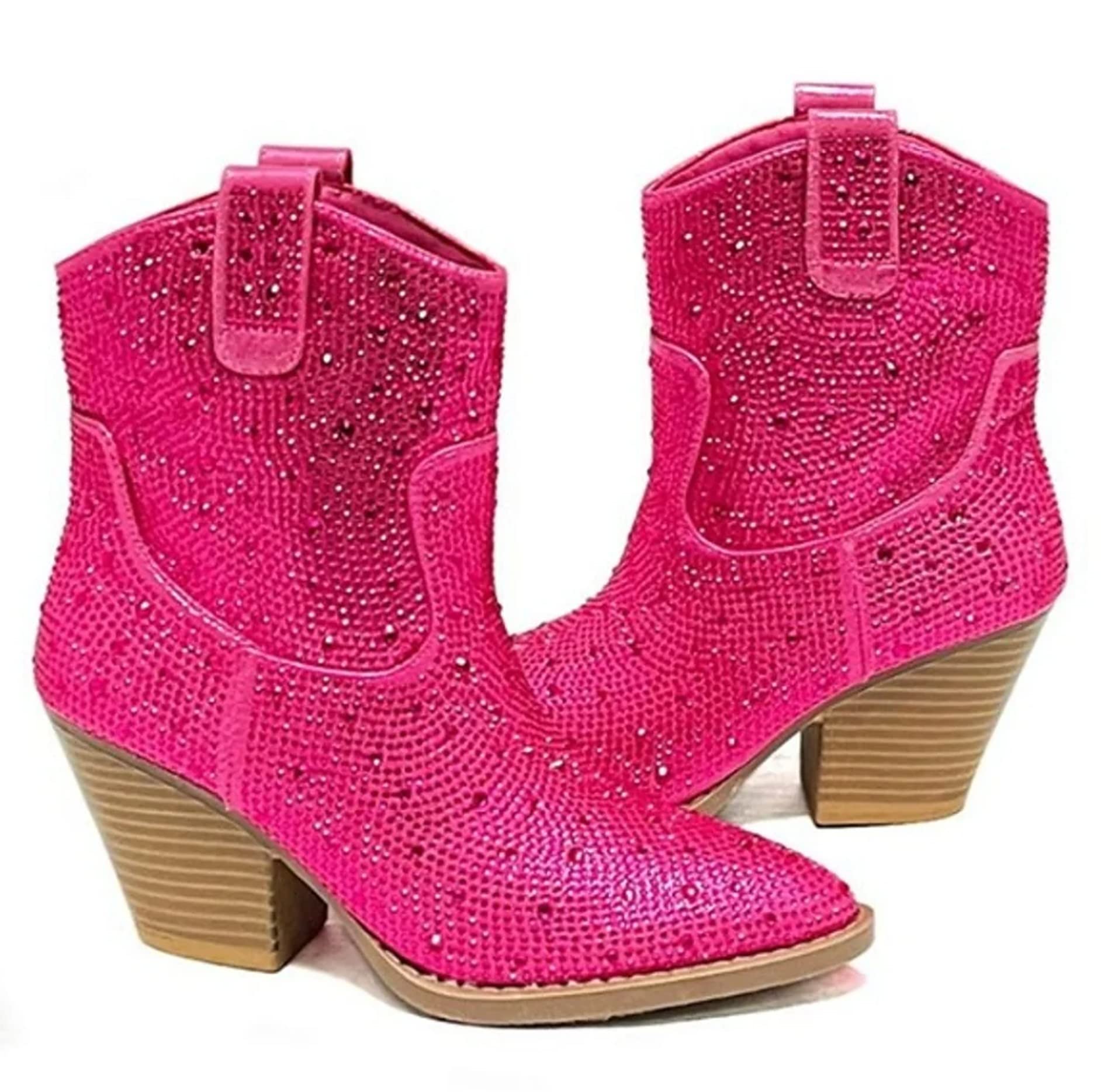 Women's Rhinestone Block Heel Mid Calf Short Ankle Booties Knee High Boots: 6 Fuchsia Rhinestone