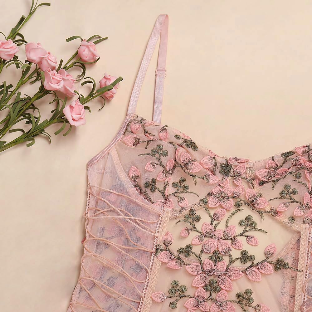 Lilosy Women Sexy Lace Up Floral Embroidered Teddy Lingerie Bodysuit Top Mesh Sheer One Piece: Small Pink