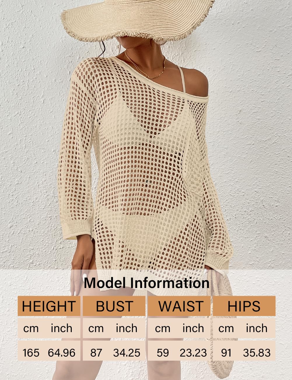 Bsubseach Crochet Cover Up for Swimwear Women Pool Swimsuit Coverup Long Sleeve Beach Knit Tops: Apricot
