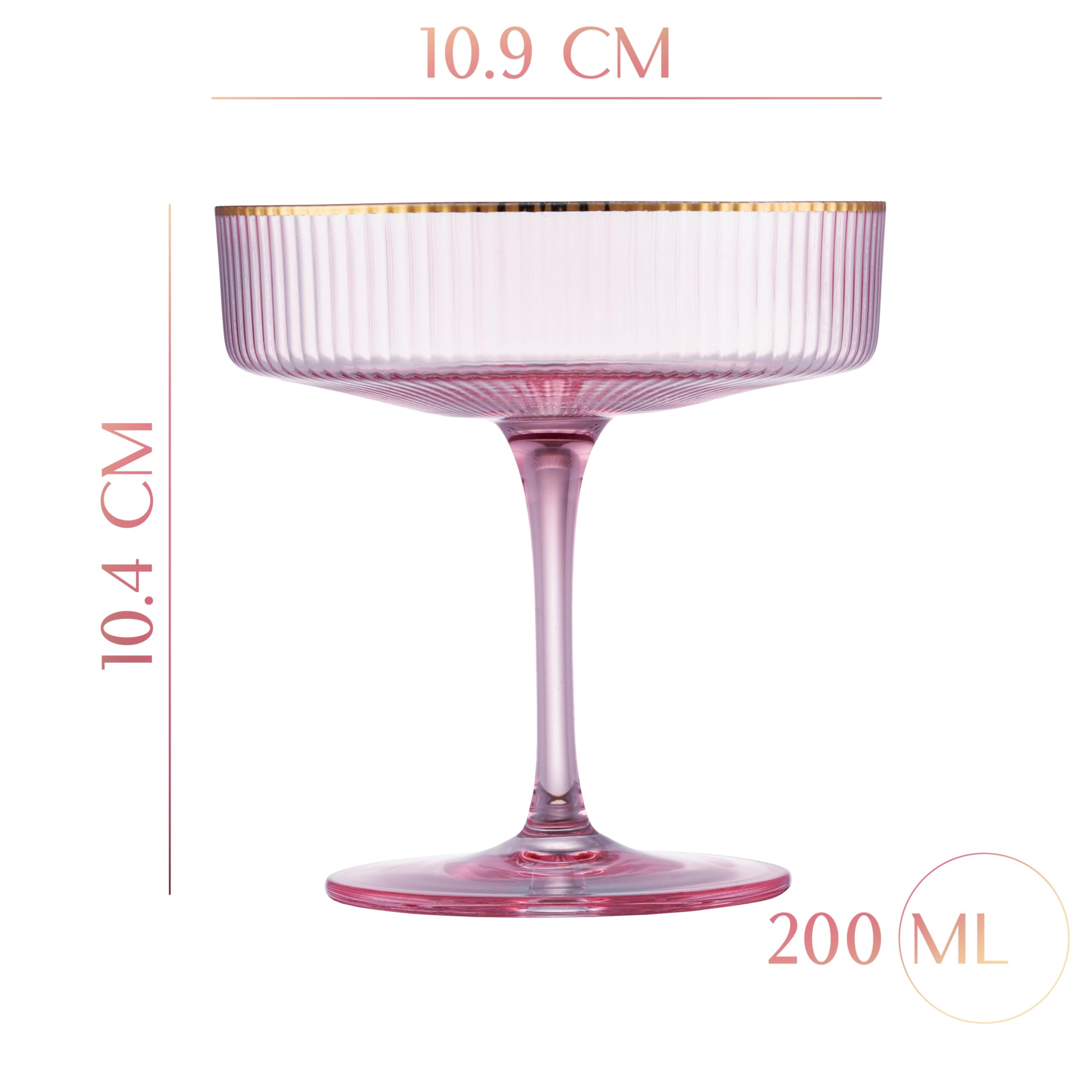 GLASSIQUE CADEAU Vintage Art Deco Blush Pink Coupe Glasses with Gold Rims | Set of 4 | 7 oz Crystal Ribbed Cocktail Glassware for Drinking Champagne, Martini, Cosmopolitan | Girly Speakeasy Saucers - Image 3