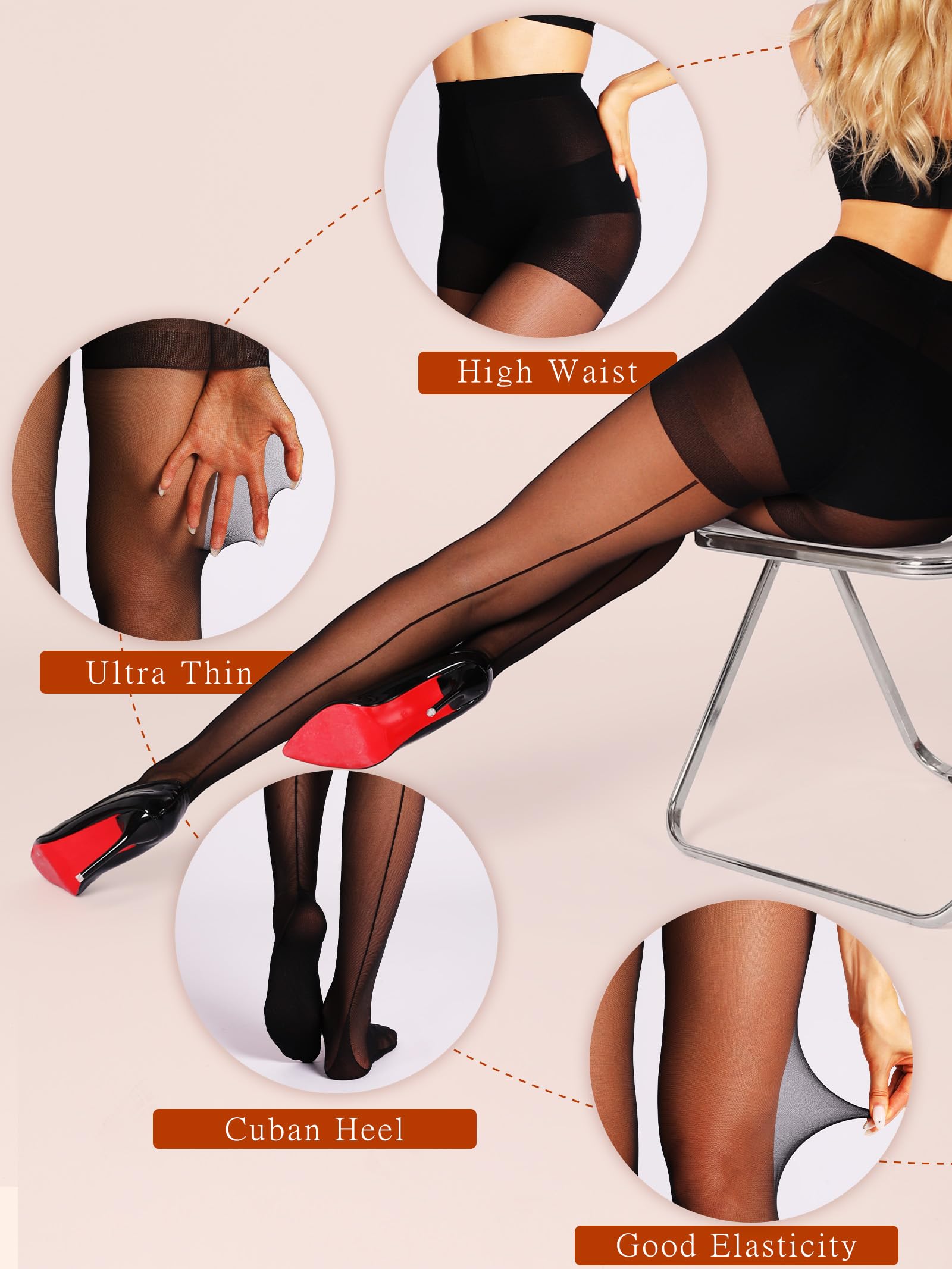 HONENNA Backseam Sheer Tights for Women 2 Pairs High Waist Patterned Cuban Heel Pantyhose With Control Top: Medium Black