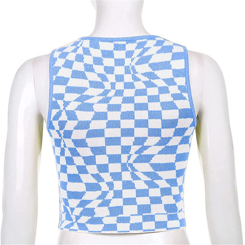 Women's Plaid Printed Sleeveless O Neck Camisole Harajuku Vintage Knitted Cropped Tank Top: Women's Plaid Printed Sleeveless O Neck Camisole Harajuku Vintage Knitted Cropped Tank Top