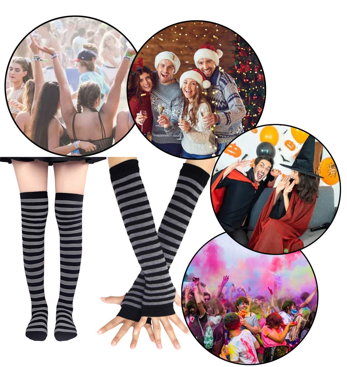 Bienvenu Womens Socks Striped Knee High Socks Arm Warmer Fingerless Gloves Set: Grey