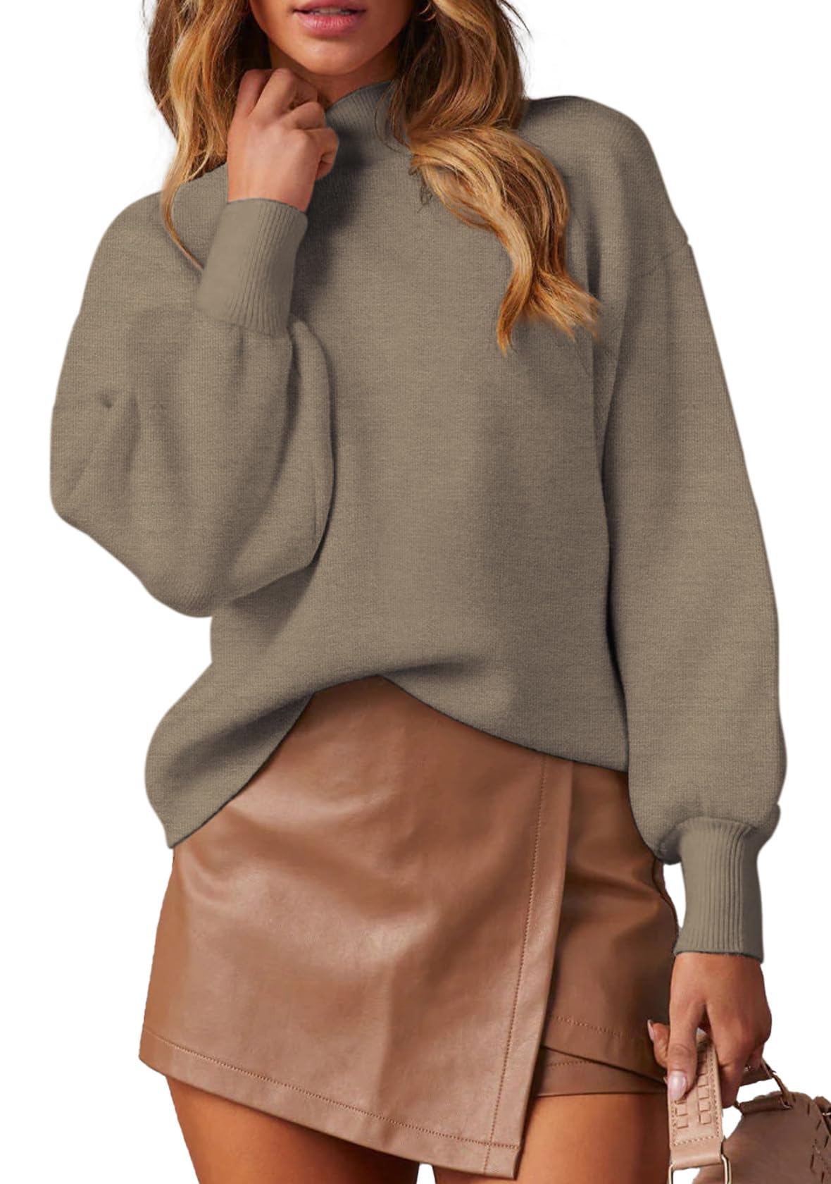 WEACZZY Women's Casual Mock Neck Long Lantern Sleeve Sweaters 2025 Fall Oversized Ribbed Knit Pullover Sweater Tops