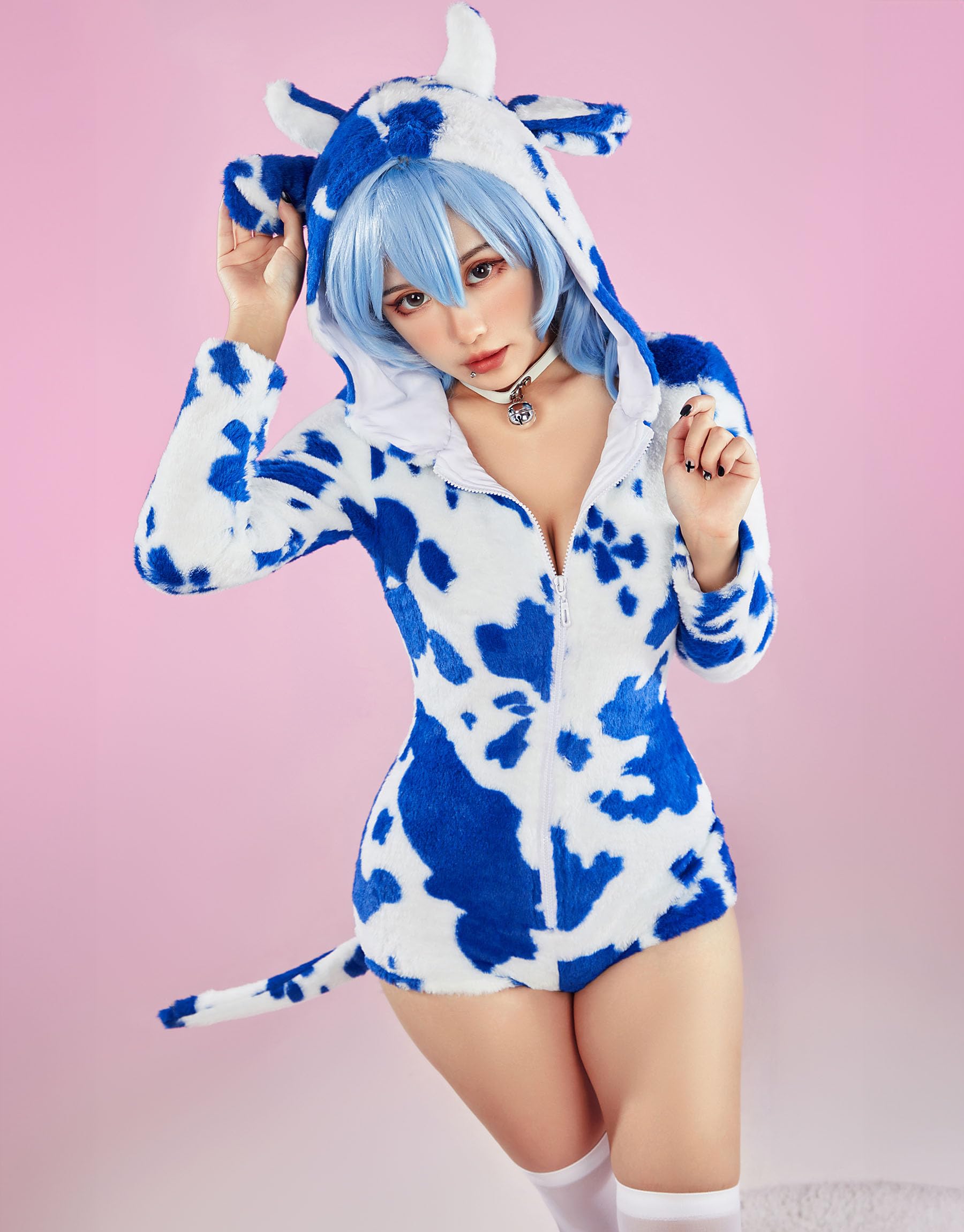 Mobbunny Cute Cartoon Cow Print Cosplay Costume Fuzzy Onesie Hooded Jumpsuit Zip-up Romper Pajamas: Medium Blue and White