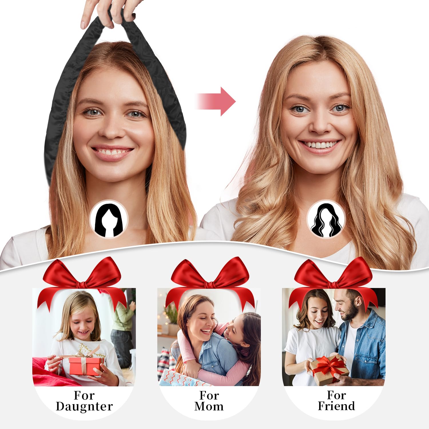 Heatless Curls Overnight, Heatless Hair Curler and Curling Scrunchie Set, Heatless Curling Rod with Spray Bottle, No-Heat Hair Curlers, Overnight Blowout Rods, for Medium to Long Hair (Black): Black-9pcs