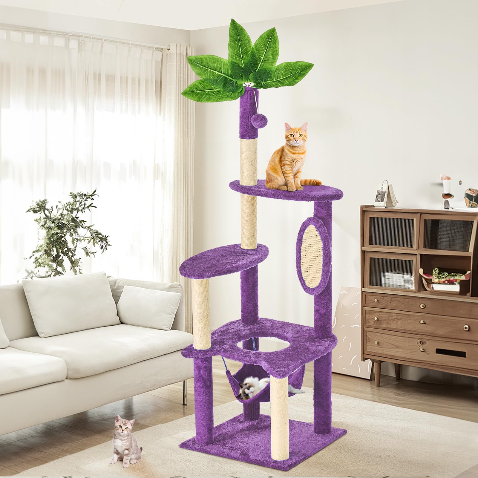 TSCOMON 61" Large Cat Tree Tower for Indoor Cats with DIY Green Leaves Scratching Post Multi Soft Hang Ball Plush Cat House Furniture 360° Rotating Cat Scratch Board with Hammock, Purple