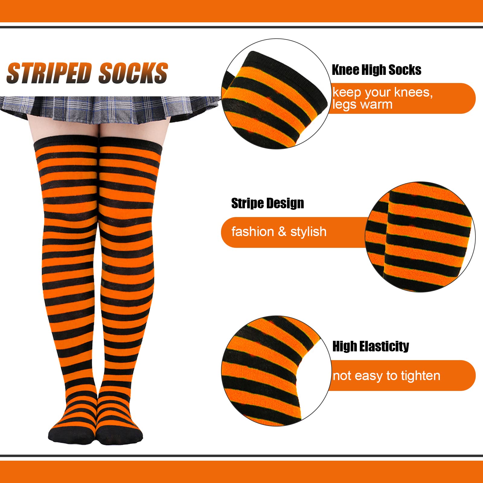 Barrlves 2/4 Sets Womens Striped Knee High Socks Long Knitted Arm Warmers Fingerless Gloves for Halloween Costume: 4sets Striped Black+orange+purple+green
