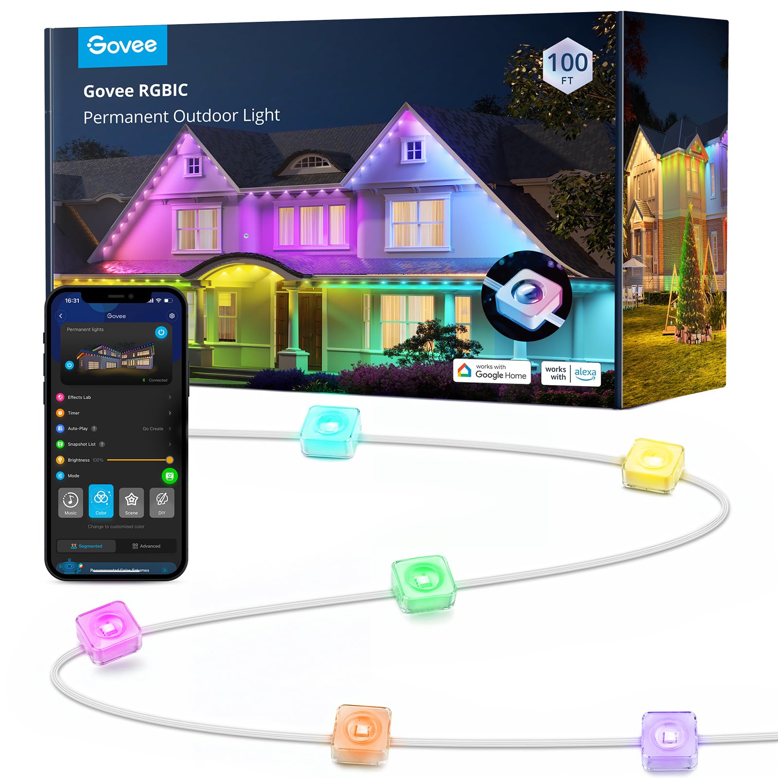 Govee Permanent Outdoor Lights, Smart RGBIC Outdoor Lights with 75 Scene Modes, 150ft with 108 LED Lights, IP67 Waterproof for Patio Decorations, Work with Alexa, Google Assistant, White: White 100ft
