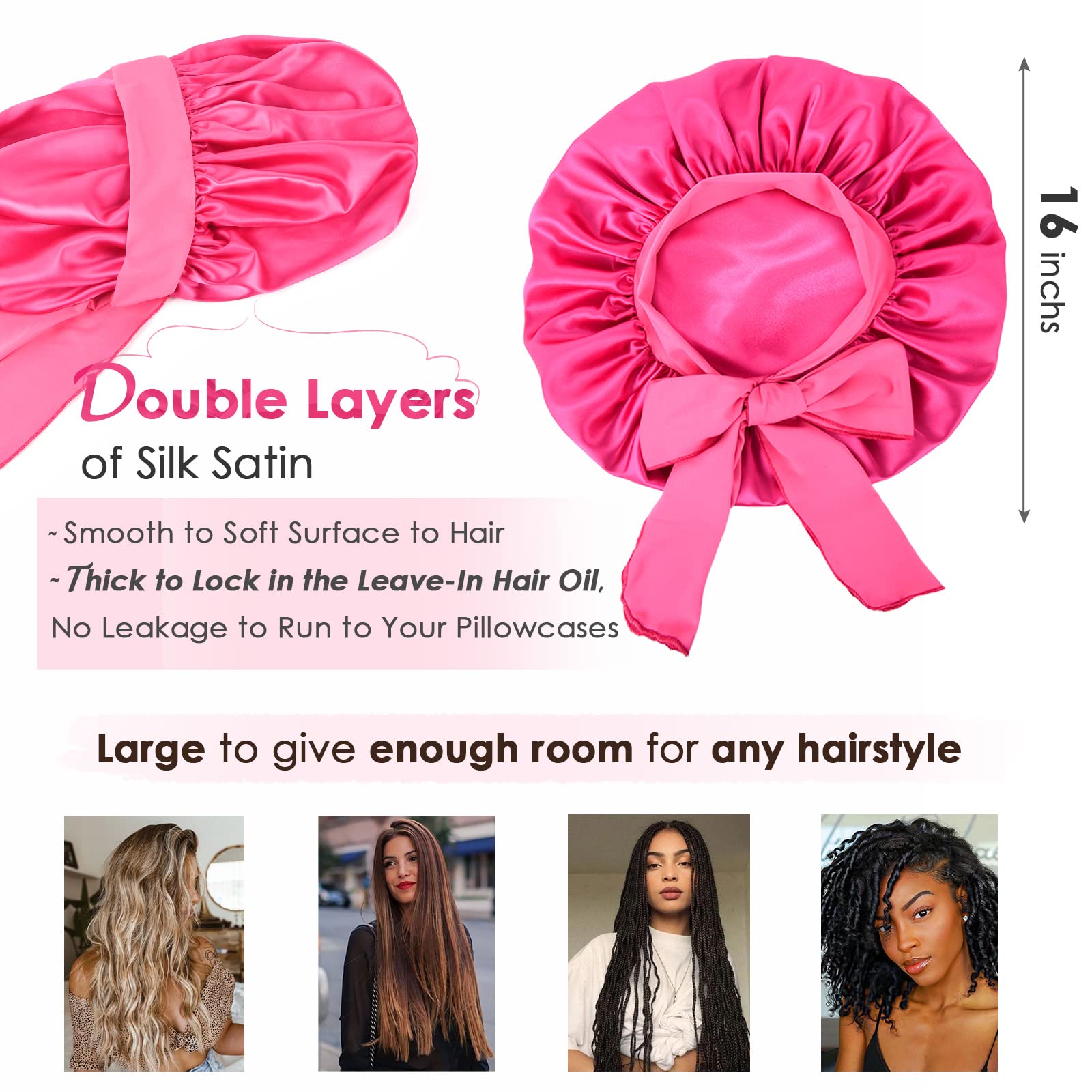 YANIBEST Silk Bonnet for Sleeping Women Satin Bonnet Double Layer Satin Lined Hair Bonnet with Tie Band Curly Hair: Hot Pink