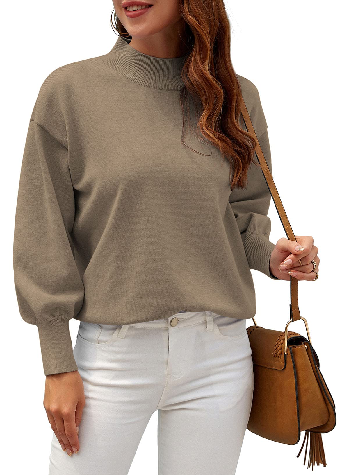 WEACZZY Women's Casual Mock Neck Long Lantern Sleeve Sweaters 2025 Fall Oversized Ribbed Knit Pullover Sweater Tops
