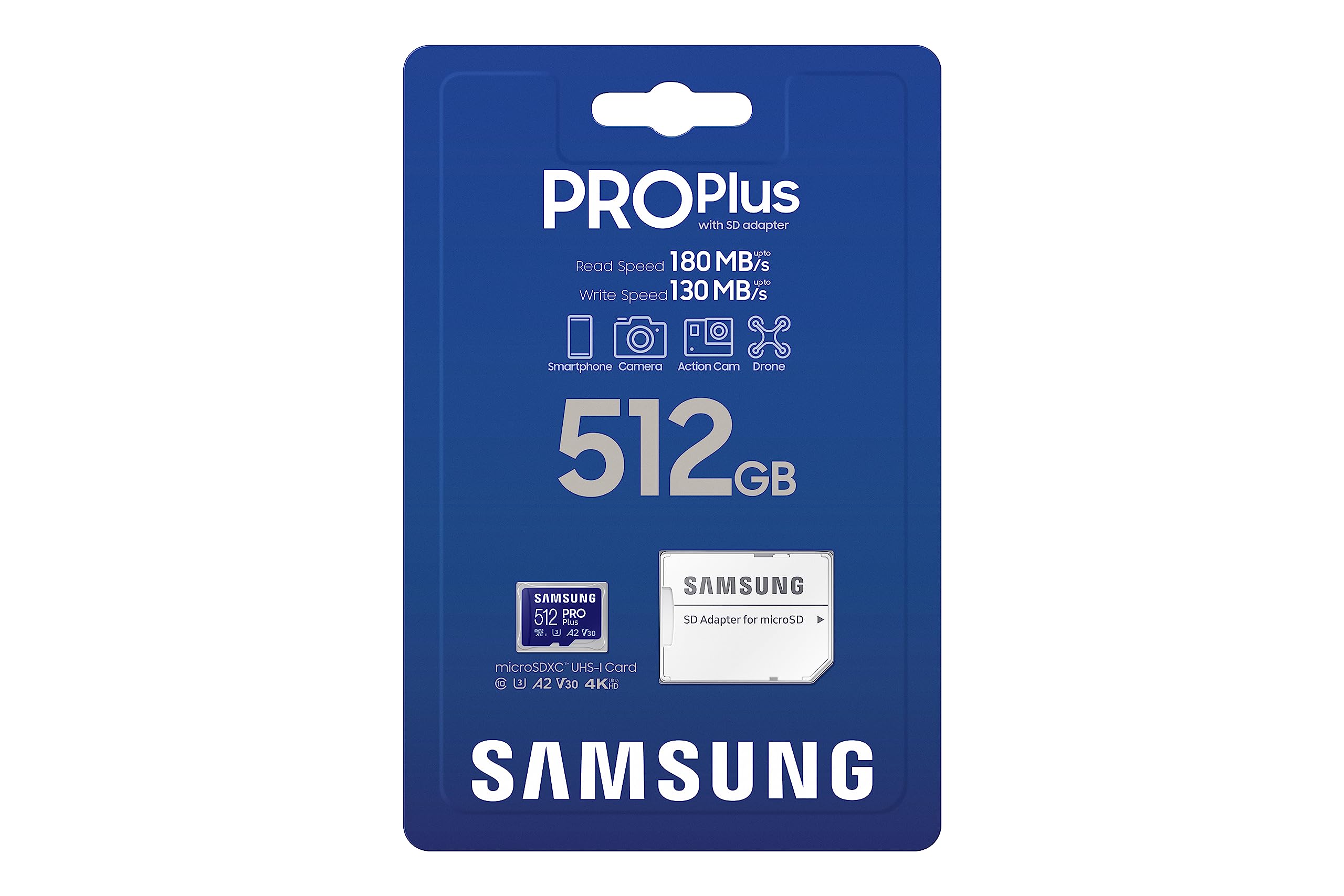 Samsung PRO Plus microSD Memory Card + Adapter, 512GB microSDXC, Up to 180 MB/s, Full HD & 4K UHD, UHS I, C10, U3, V30, A2, for Android Smartphones, Tablets, GoPRO, and DJI Drone (MB MD512SA/AM): PRO Plus - up to 180 MB/s 512GB