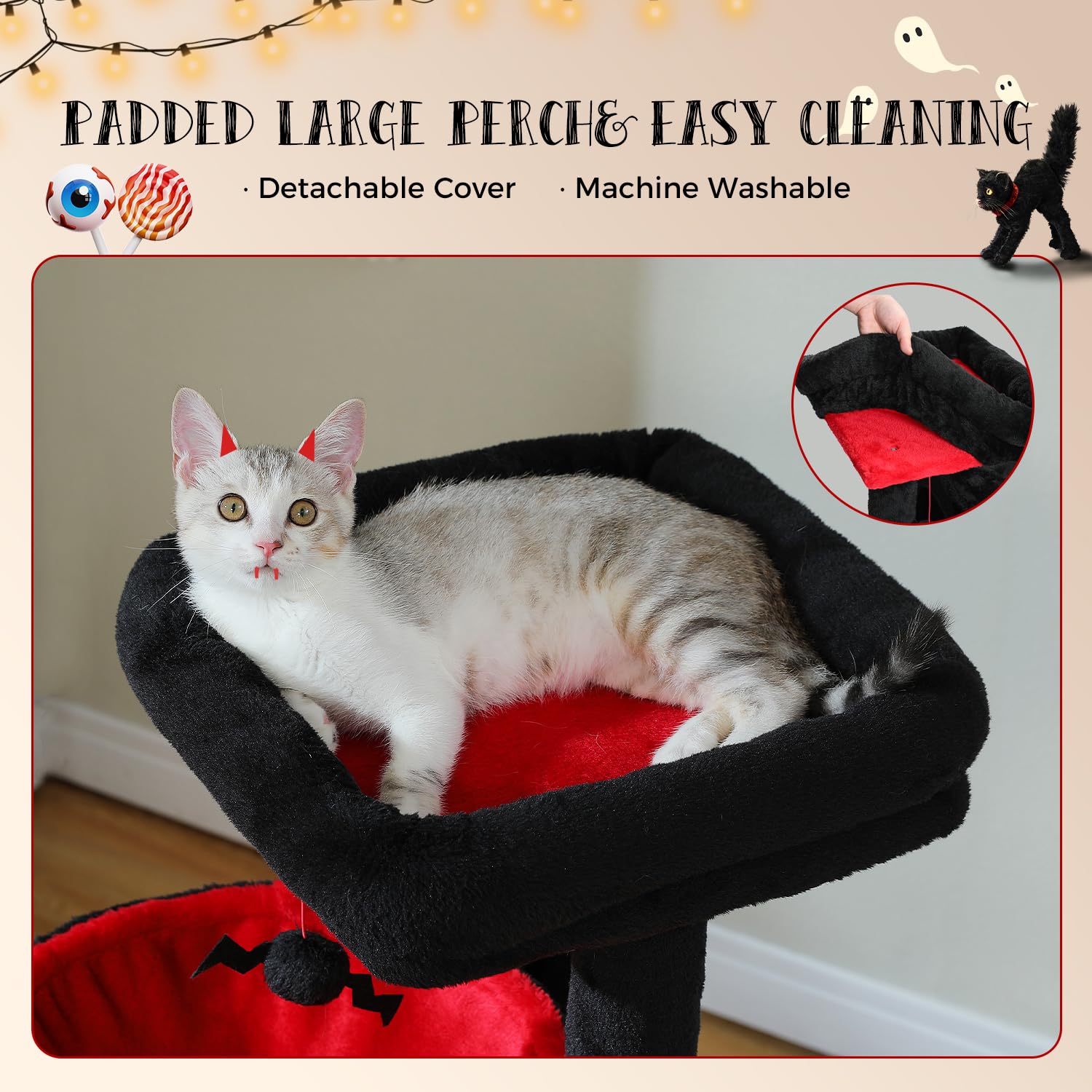 PAWZ Road Large Cat Tree, 41 Inches Gothic Cat Tower with 2 Spacious Condos for Indoor Cats, Large Black Cat House with Comfy Hammock, Padded Perch, Scratching Pad and Replaceable Balls-Black: 41 Inches Black