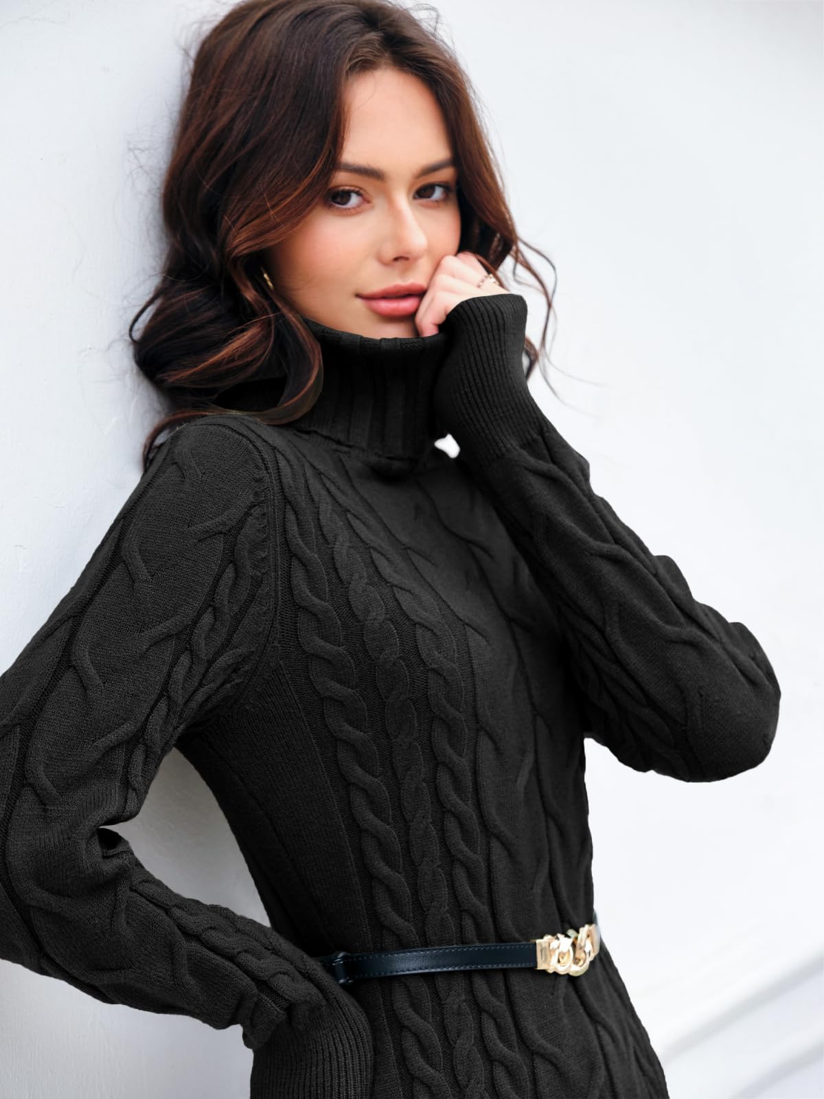Langwyqu Womens Cable Knit Sweater Dress Sexy Long Sleeve Bodycon Turtleneck Mini Fall Sweaters Dresses: Large Black