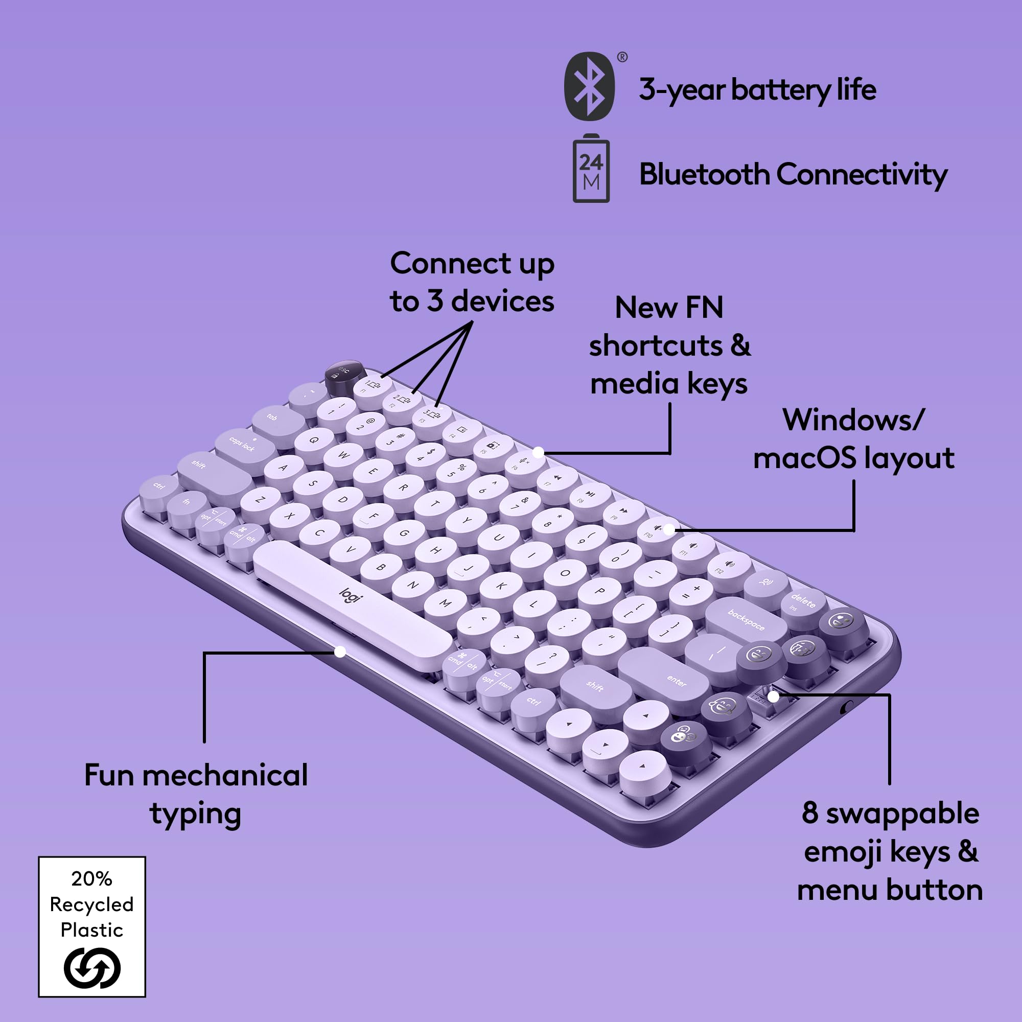 Logitech POP Keys Mechanical Wireless Keyboard with Customizable Emoji Keys, Durable Compact Design, Bluetooth or USB Connectivity, Multi-Device, OS Compatible - Cosmos: Cosmos POP Keys