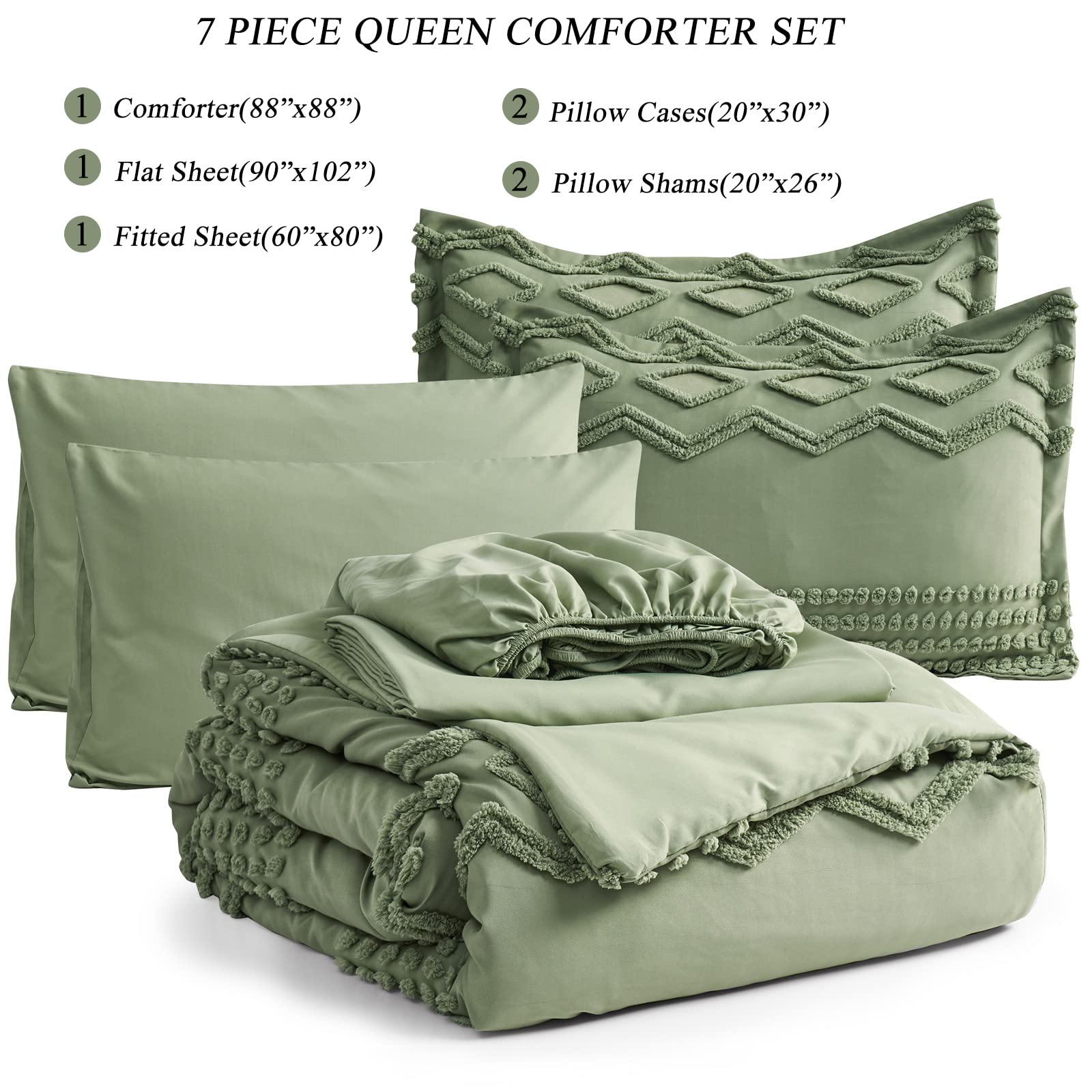 Sage Green Tufted Comforter Set Queen Size 7 Piece Bed in a Bag, Shabby Chic Boho Comforter and Sheet Set, Pom Pom Textured Bed Set, All Season Soft Microfiber Complete Bedding Set(Green,Queen): Sage Green Queen(7-Piece Set)