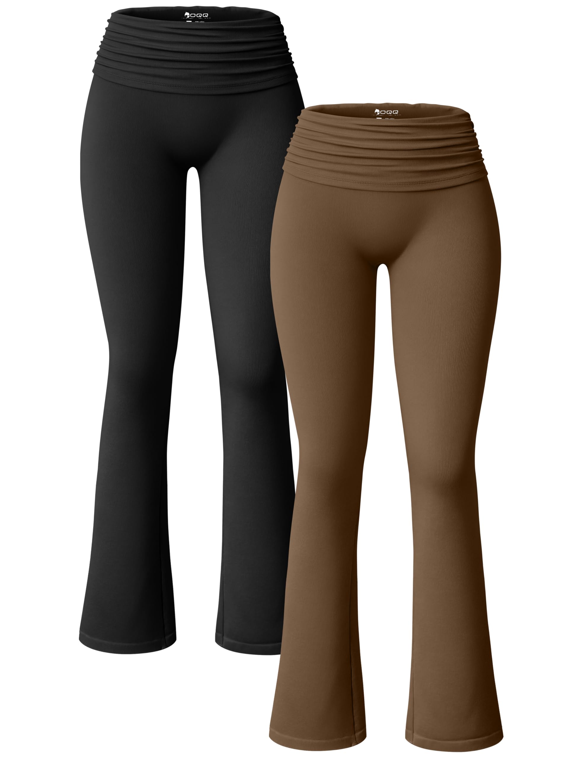 OQQ Women's 2 Piece Flared Pants Ribbed Fold Over Kick Ruched Stretch High Waist Casual Wide Leg: Black,coffee Small