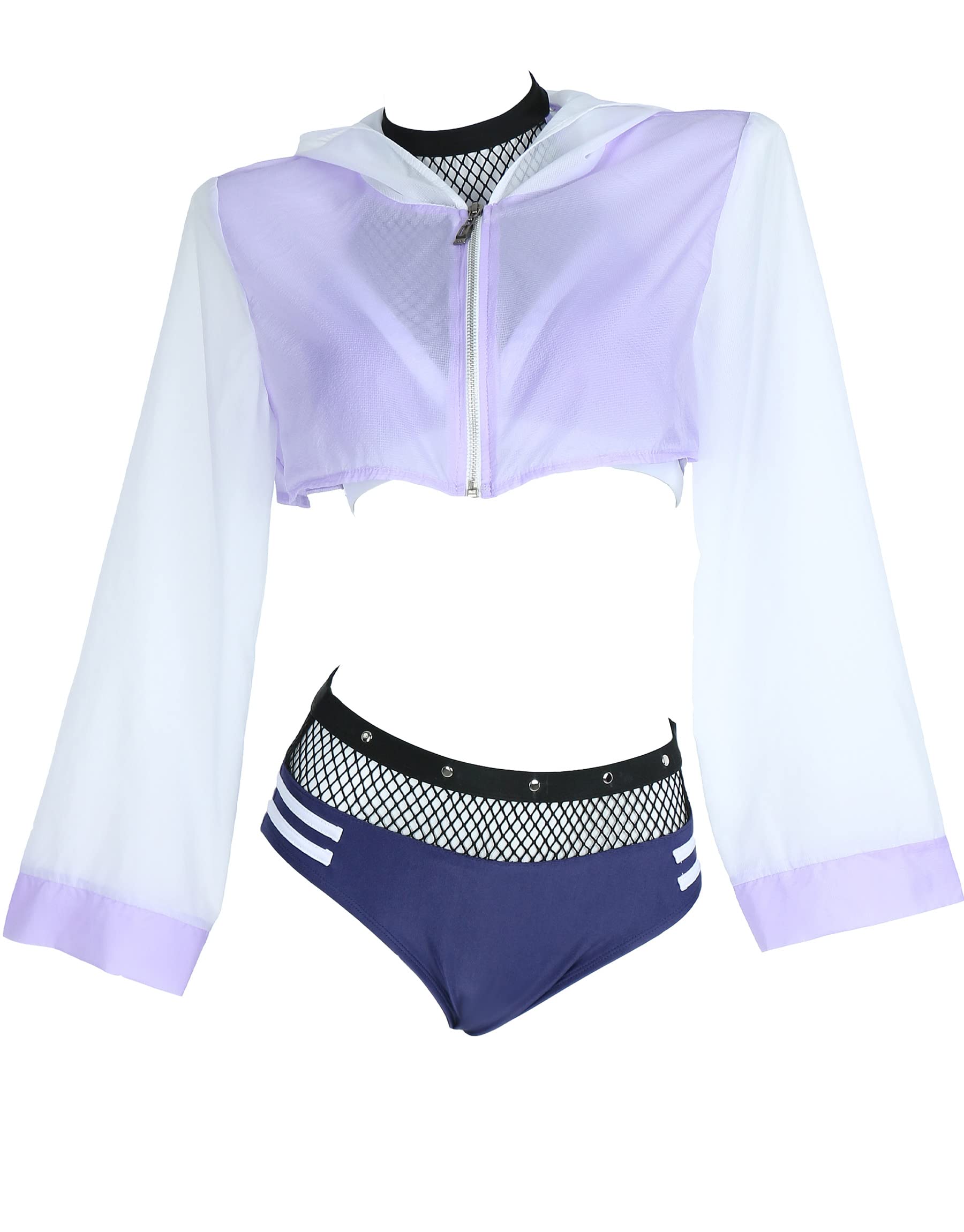 haikyuu Women Anime Derivative Bikini Set with Cover Up Jacket Halter Mesh Top and Shorts Two Piece Bathing Suit