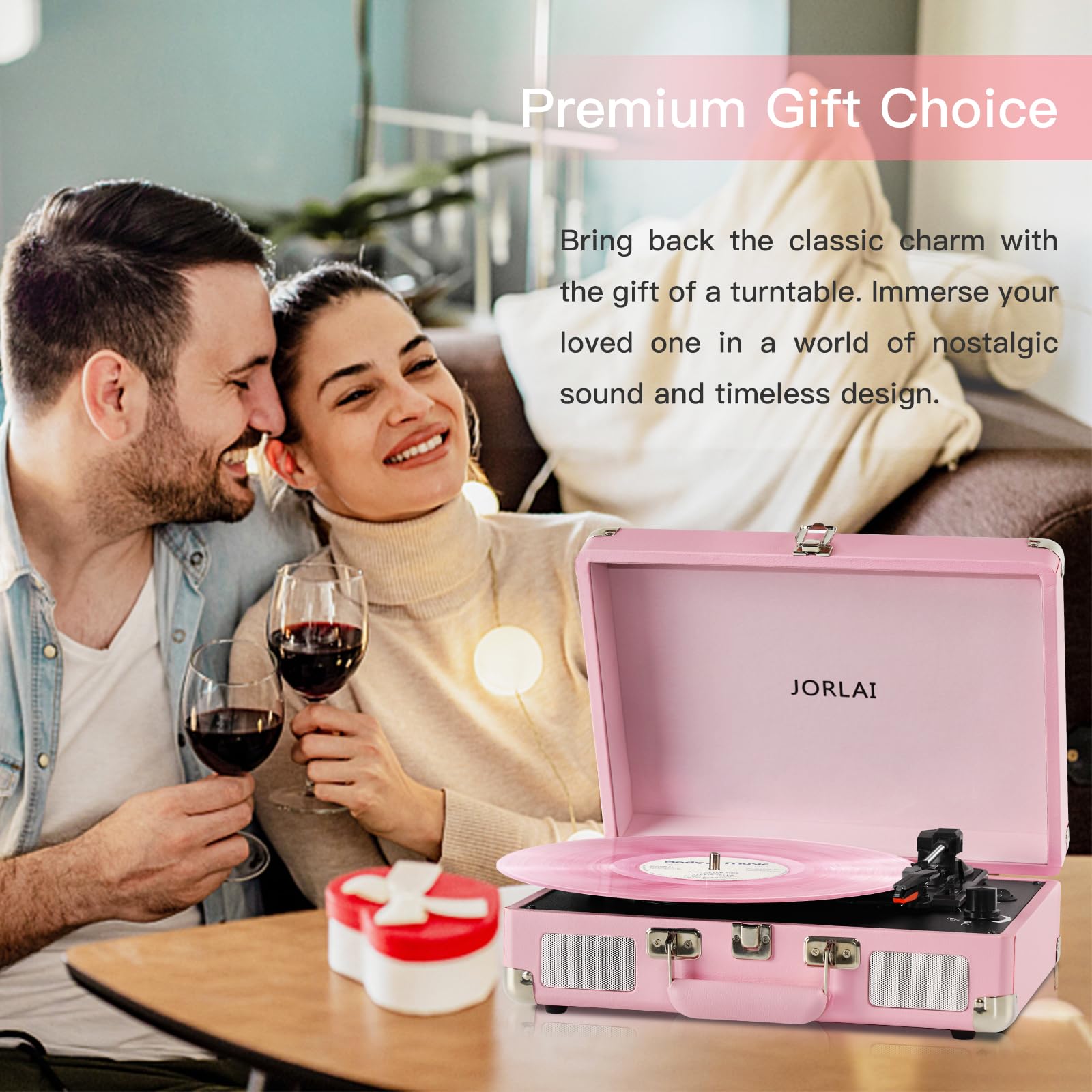 JORLAI Pink Vinyl Record Player 3 Speeds Portable Suitcase Turntable with Built-in Dual Speakers, Bluetooth Gramophone with Built-in Battery 3.5mm Aux Input/RCA Output