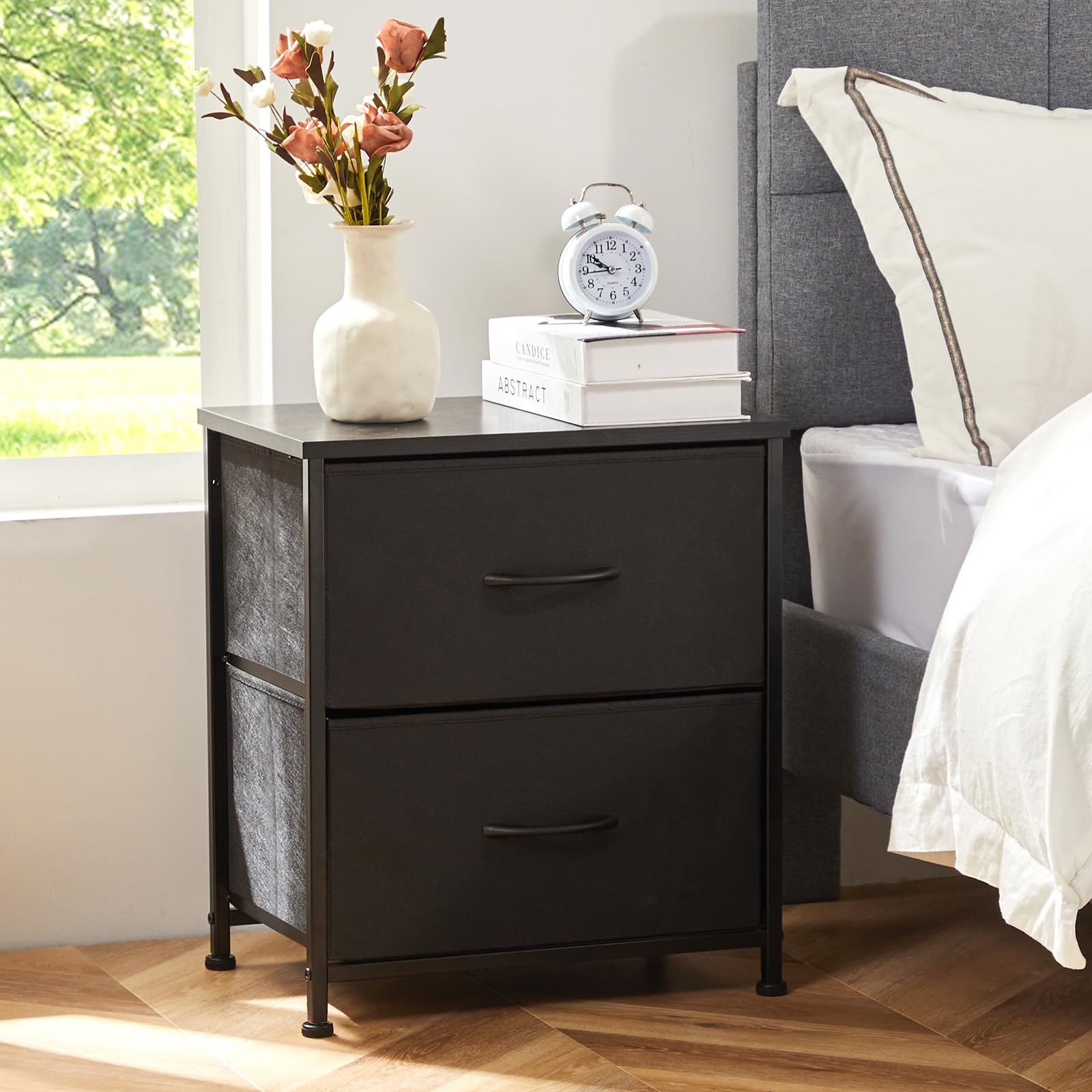 Sweetcrispy Nightstand Set of 2 with 2 Storage Drawers, 20" Height Small Bed Side Furniture End Table, Wooden Top Fabric Cabinet Kids Mini Dresser for Bedroom, Closet, Entryway, College Dorm