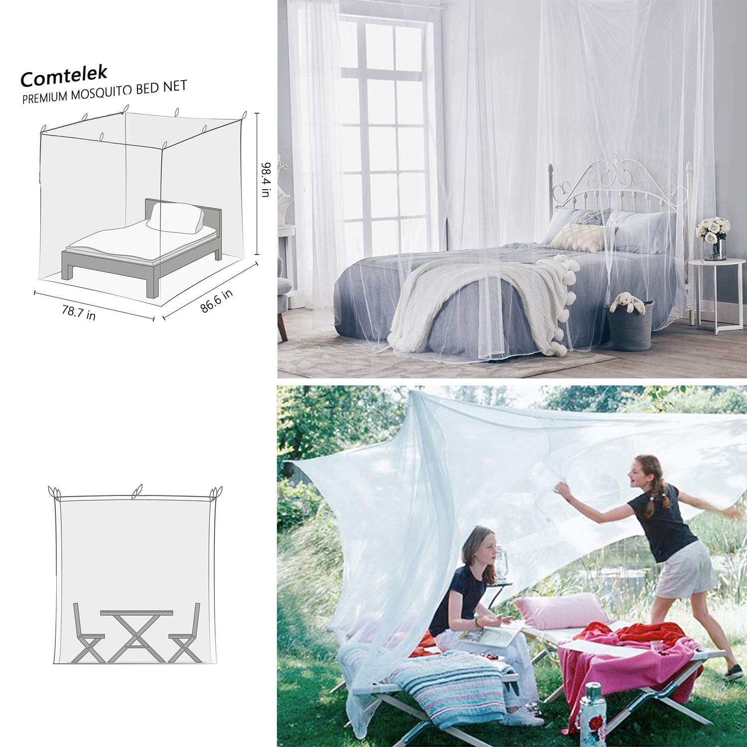 Bed Canopy with LED Star Lights, Canopy Bed Curtain with RGB Color Changing String Lights with Smart App Control Remote for Princess Girls Bedroom, Suggested for Twin Full Queen King Bed: White
