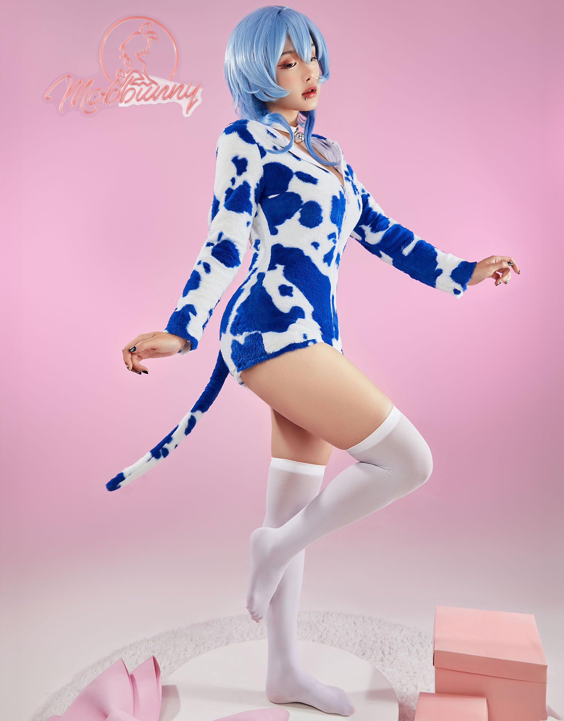 Mobbunny Cute Cartoon Cow Print Cosplay Costume Fuzzy Onesie Hooded Jumpsuit Zip-up Romper Pajamas: Medium Blue and White