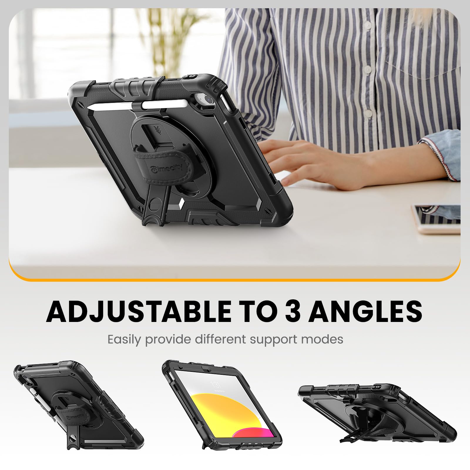 timecity for iPad (A16) 11th/ 10th Generation Case 11''/ 10.9 Inch (2025/2022) - Heavy Duty Protective Cover with Screen Protector, Stand, Shoulder Strap & Pencil Holder | Kids-Friendly - Black