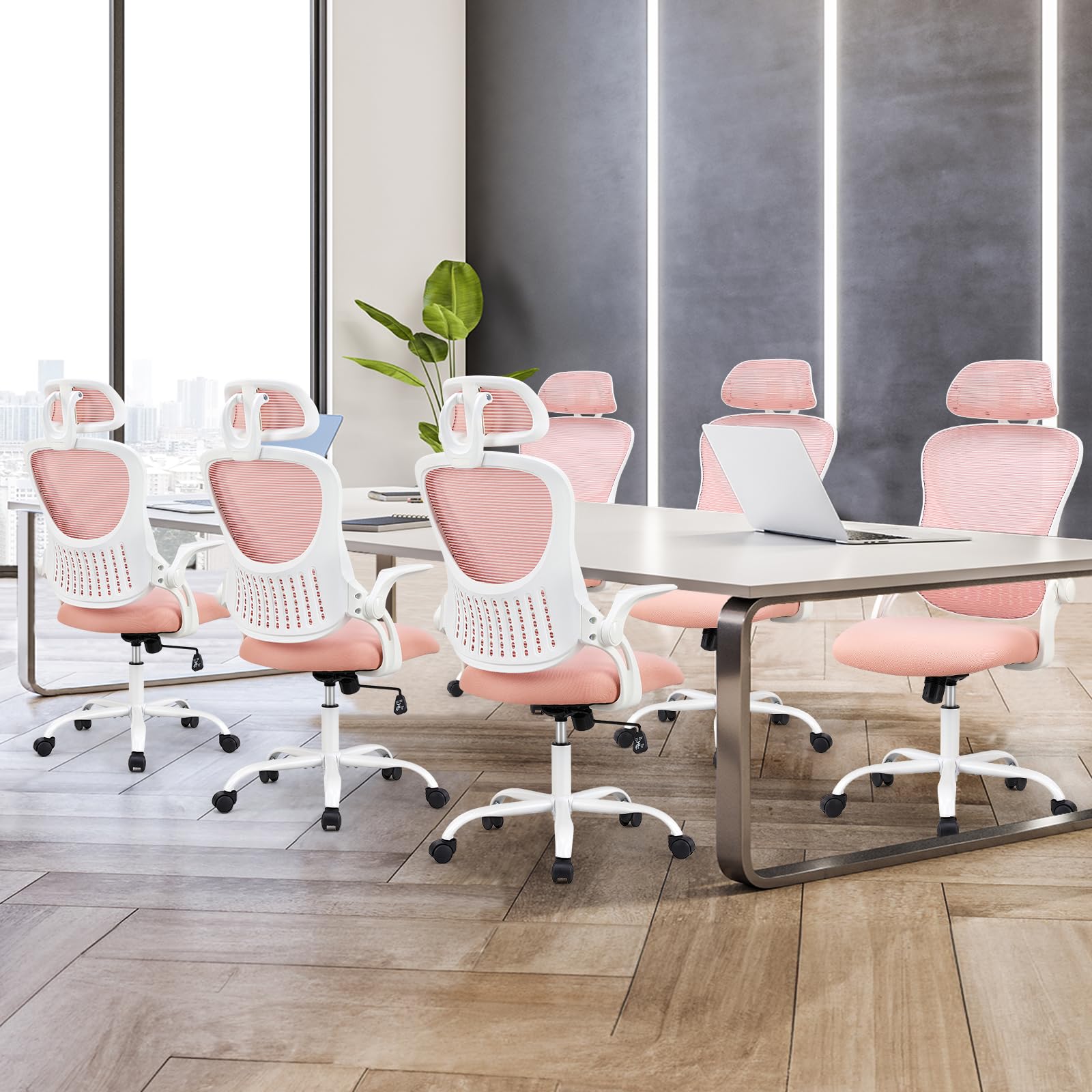 Sweetcrispy Home Office Computer Desk Chair, Ergonomic High-Back Mesh Rolling Work Chairs with Wheels and Adjustable Headrests, Comfortable Lumbar Support, Comfy Flip-up Arms for Bedroom,Study, Pink