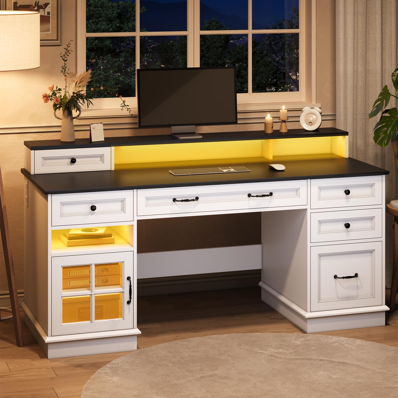 HAUOMS Farmhouse Executive Desk with Drawers Computer Desk with File Drawers, Power Outlet and Led Lights, Executive Office Desk with Storage Cabinet and Monitor Shelf for Home Office,: White