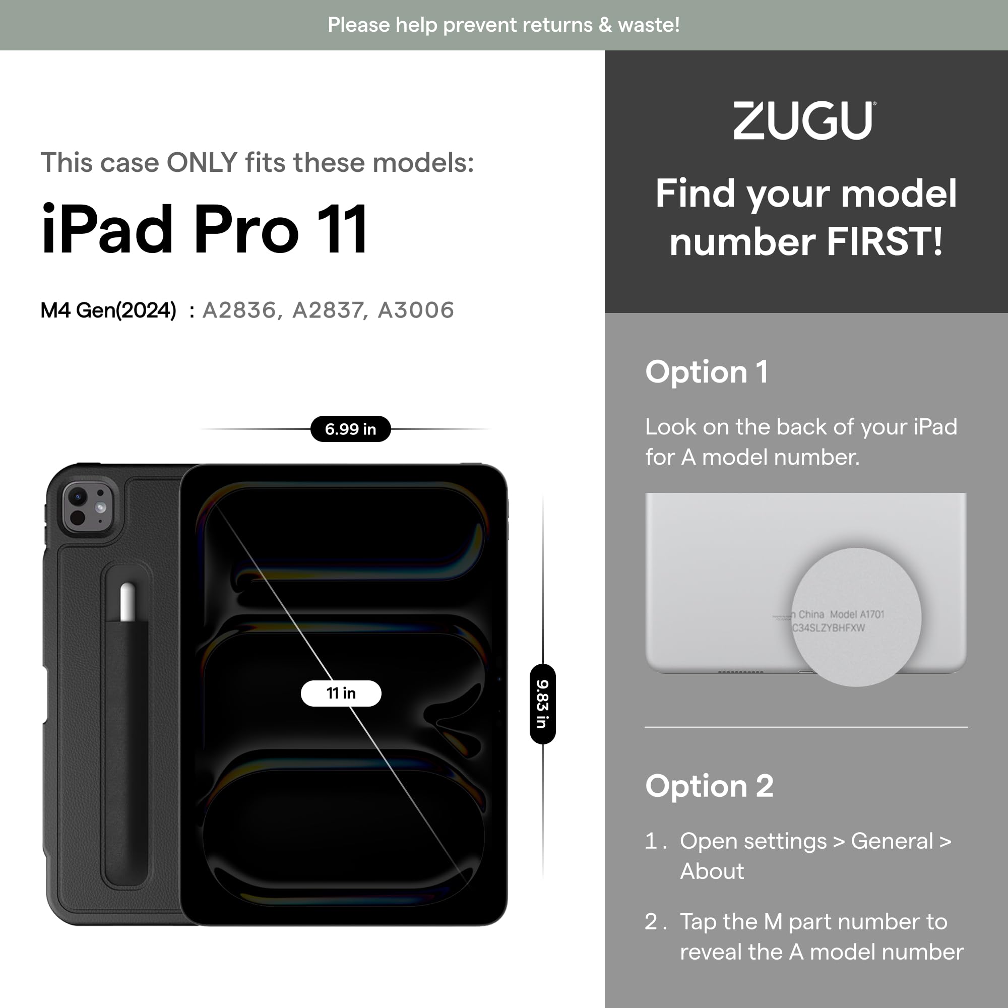 Zugu Case for iPad Pro 11 (M4) 2024, Slim Protective Cover with Apple Pencil Holder, Auto Wake/Sleep, Multiple Viewing Angles, iPad Pro 11 Inch Cover, Phone Protector, Black