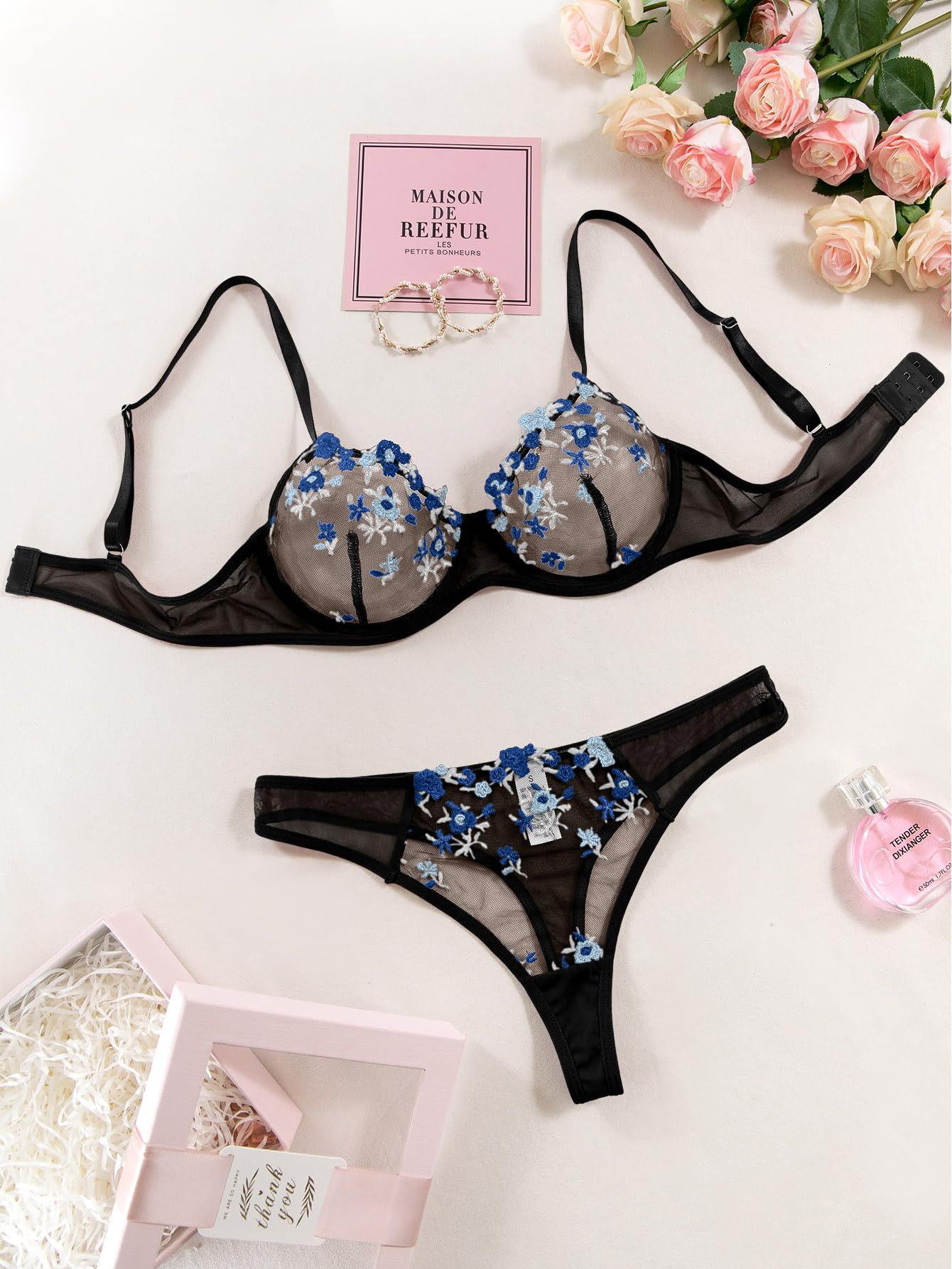Lilosy Sexy Floral Embroidered Flower Mesh Underwire Push Up Lingerie Set: Mesh Medium Black and Blue