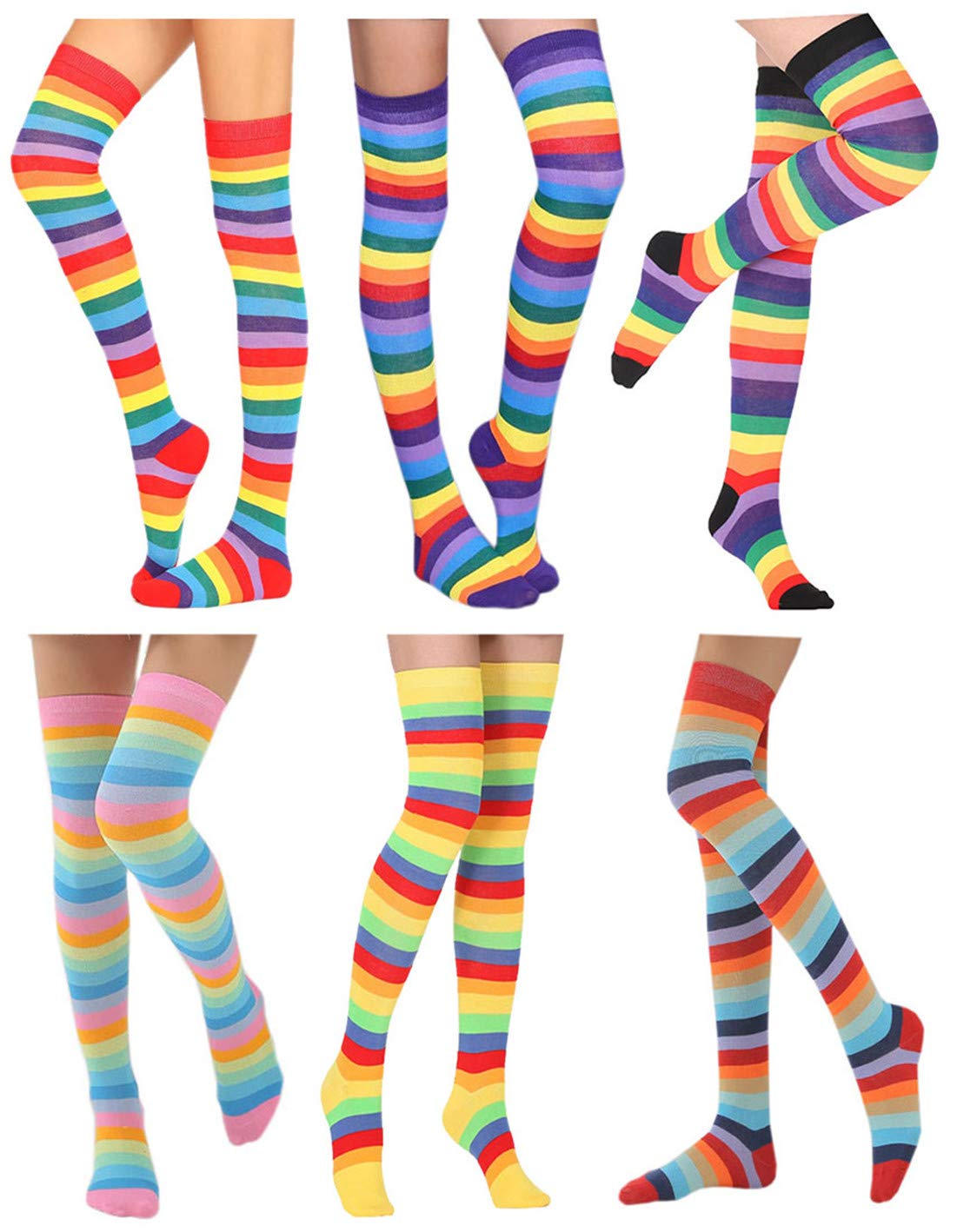 Awlsyj 6 Pair Rainbow Stripes Knee High Socks Long Thigh Socks Halloween Witch Cosplay Stocking Women Girls