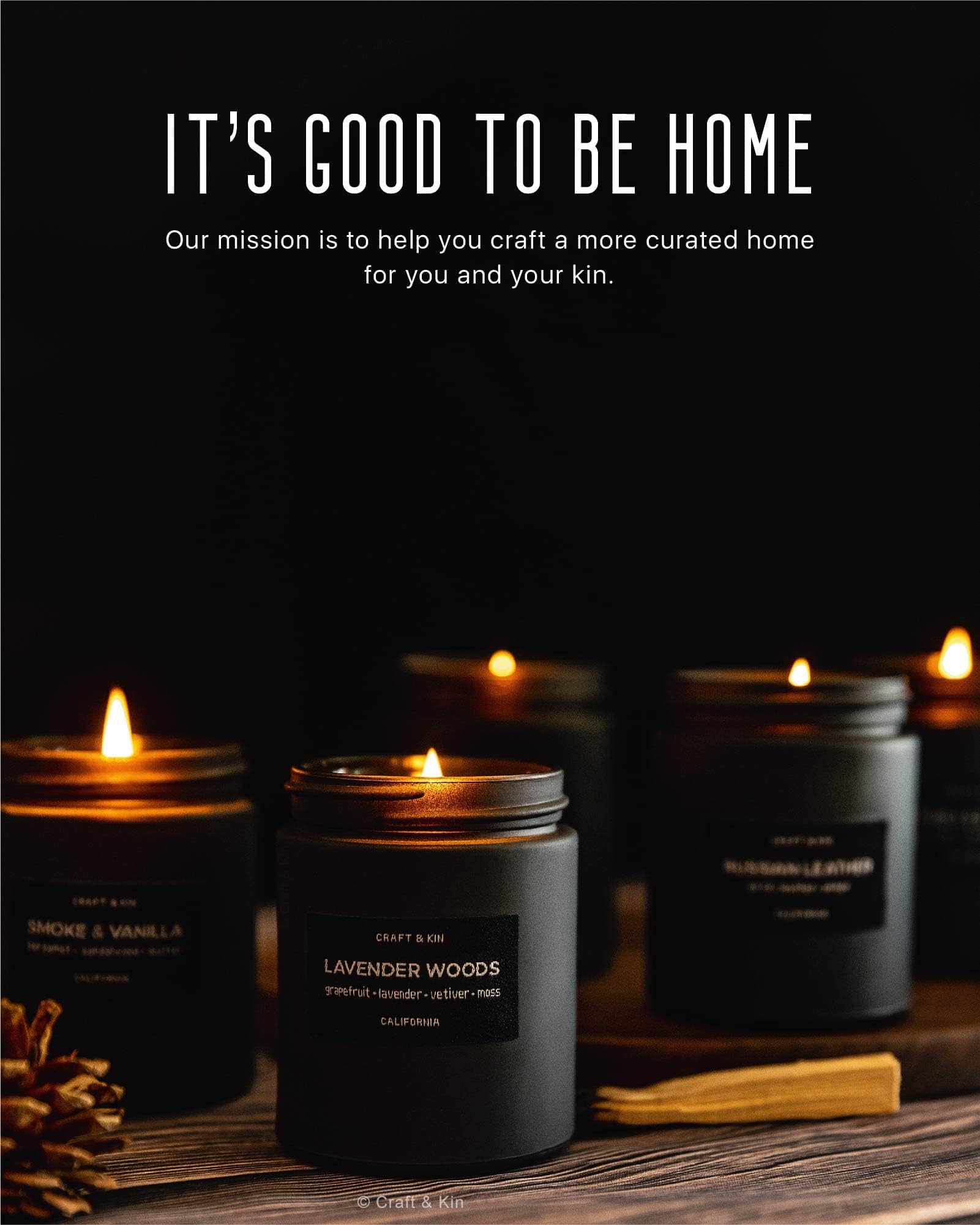 Craft & Kin Premium Lavender Woods Candle | Black Spring Scented Candles for Men | Long Lasting with 45 Hour Burn Time, 7.6oz | Made with Soy | Aromatherapy at Home | Gifts for Men