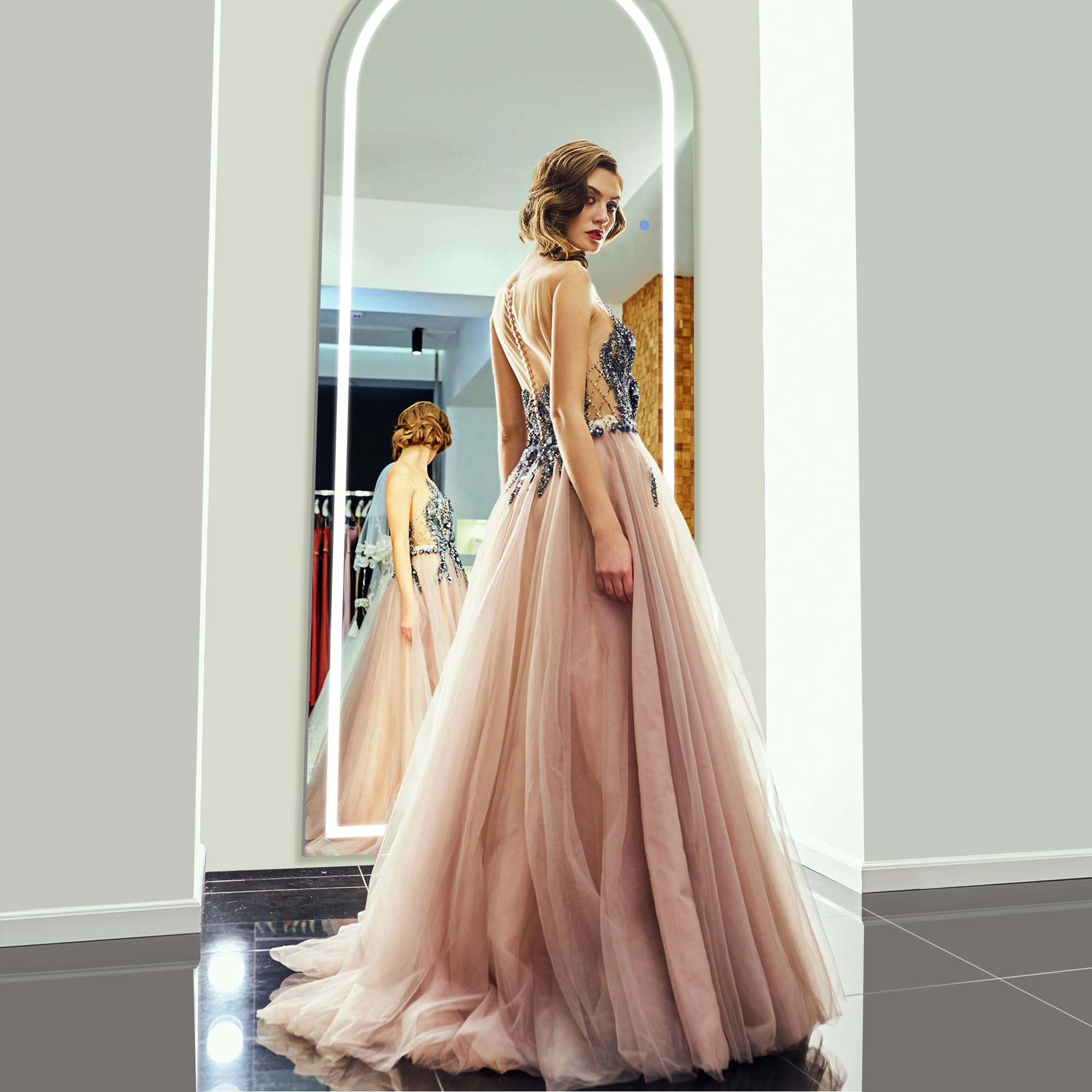 Antok LED Full Length Mirror, 71" x 28" Lighted Floor Standing LED Mirror Full Length,Hanging Mirrors with Stand Free Standing Floor Mirrors for Bedroom (Rect): 71"L x 28"W Arched Style White