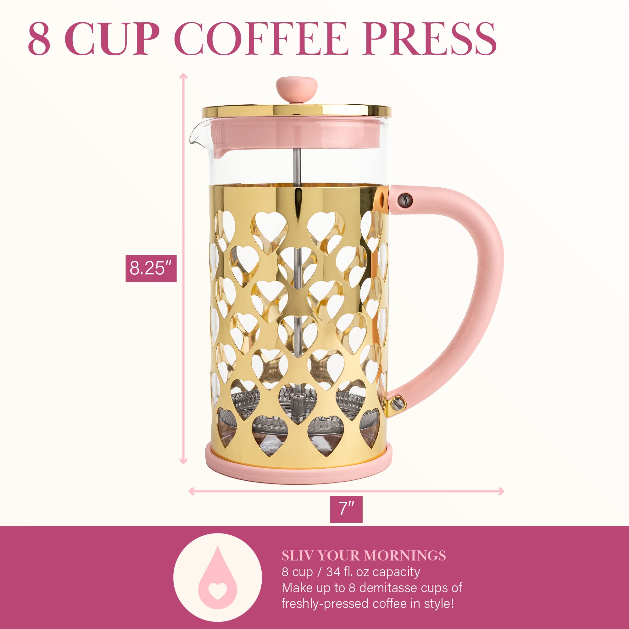 Paris Hilton French Press  With Heart Shaped Measuring Scoop, 2-Piece Set, 8-Cup or 34-Ounce, Pink: Coffee Maker