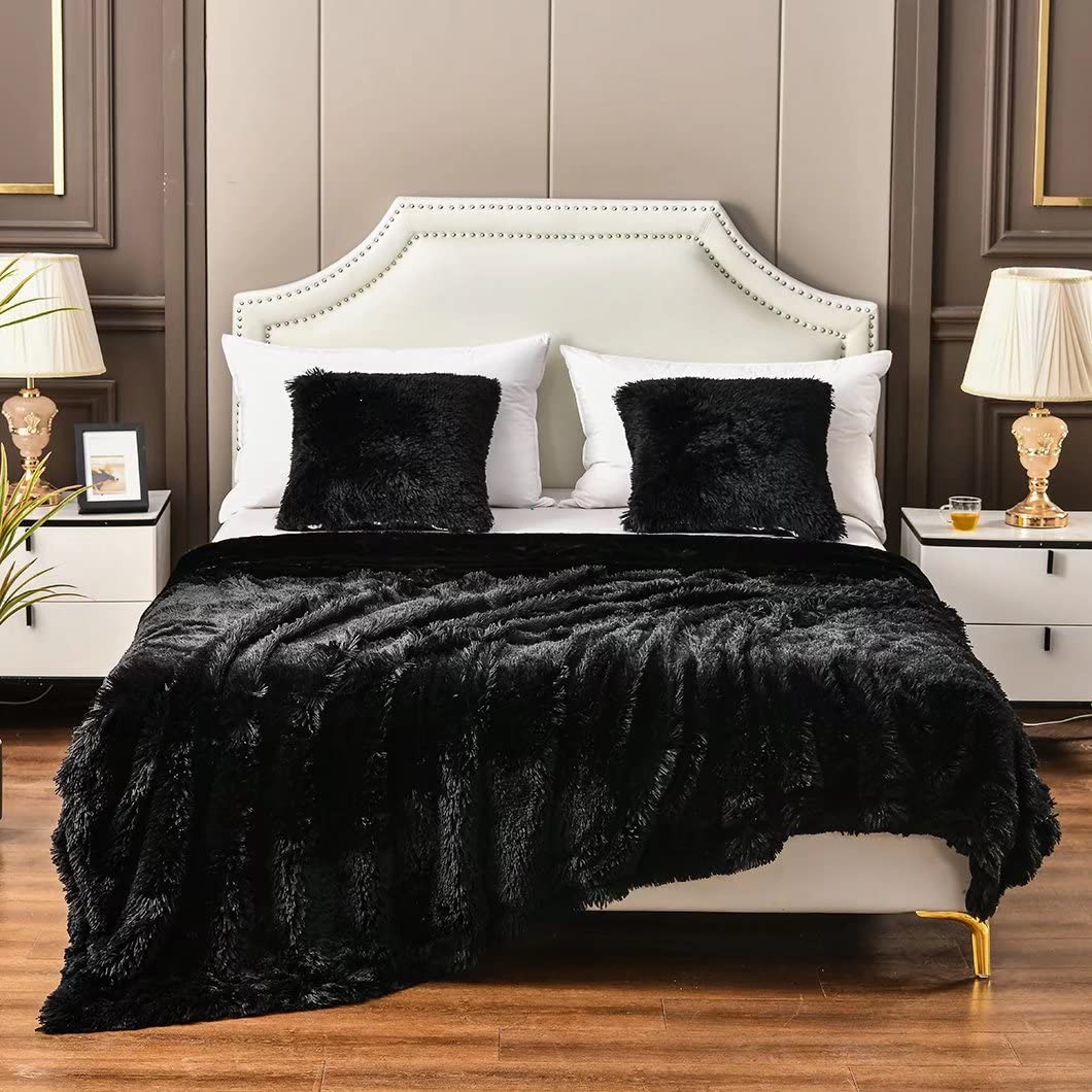 YUSOKI Olive Green Faux Fur Throw Blanket,2 Layers,50" x 60" Cozy Plush Fluffy Blanket Furry Fuzzy Warm Cute Shaggy Blanket for Fall Bed Living Room Décor Baby Women Pet: Black King90"*104"