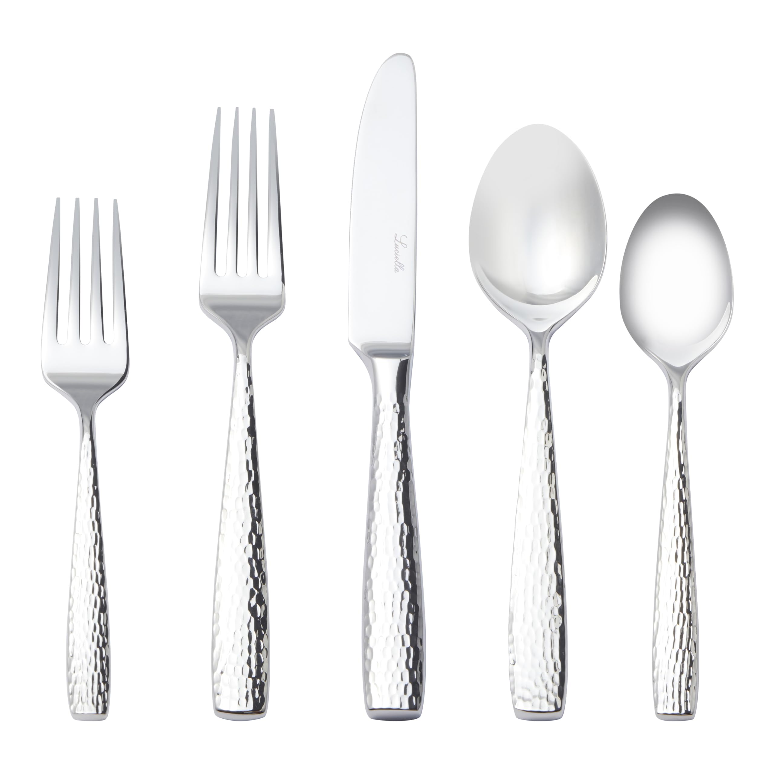 Luciella Ponza Flatware Set for 12, 65-Piece Stainless Steel Silverware Set with Serving Utensils, Timeless Hammered Design, Rust-Resistant, Mirror Polished & Dishwasher Safe
