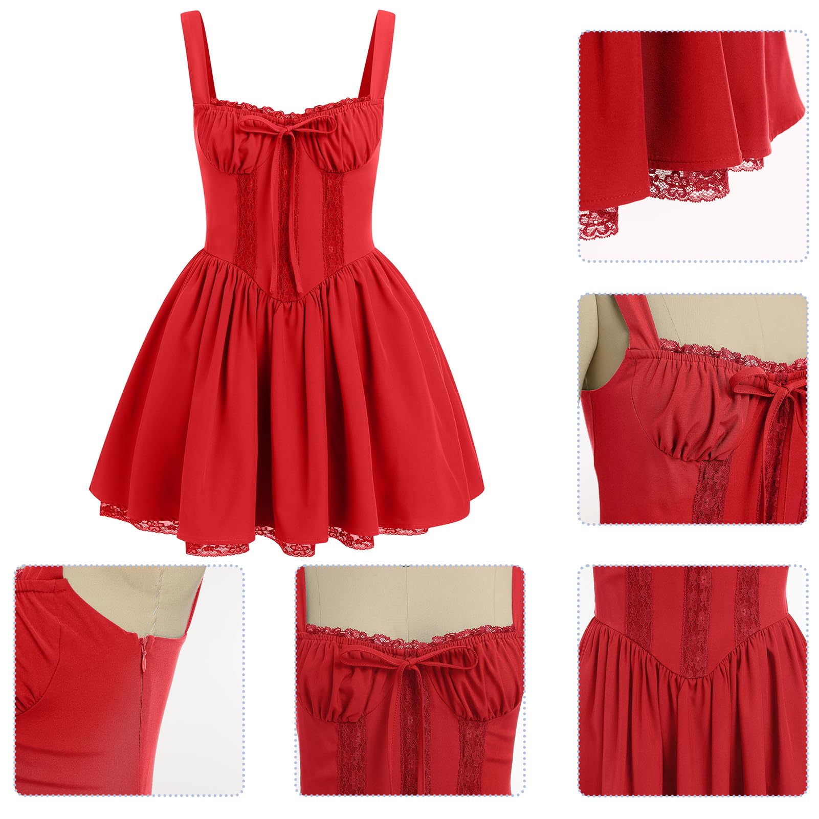 Women's Short Corset Sundress Boho Mini Dress Sleeveless Backless Low Cut Lace Dress Summer: Small Red