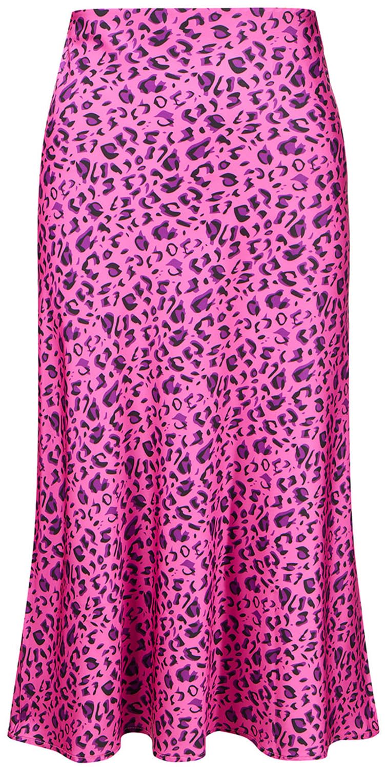 Keasmto Leopard Skirt for Women Midi Length High Waist Silk Satin Elasticized Cheetah Casual Ladies Skirts thumbnail 1