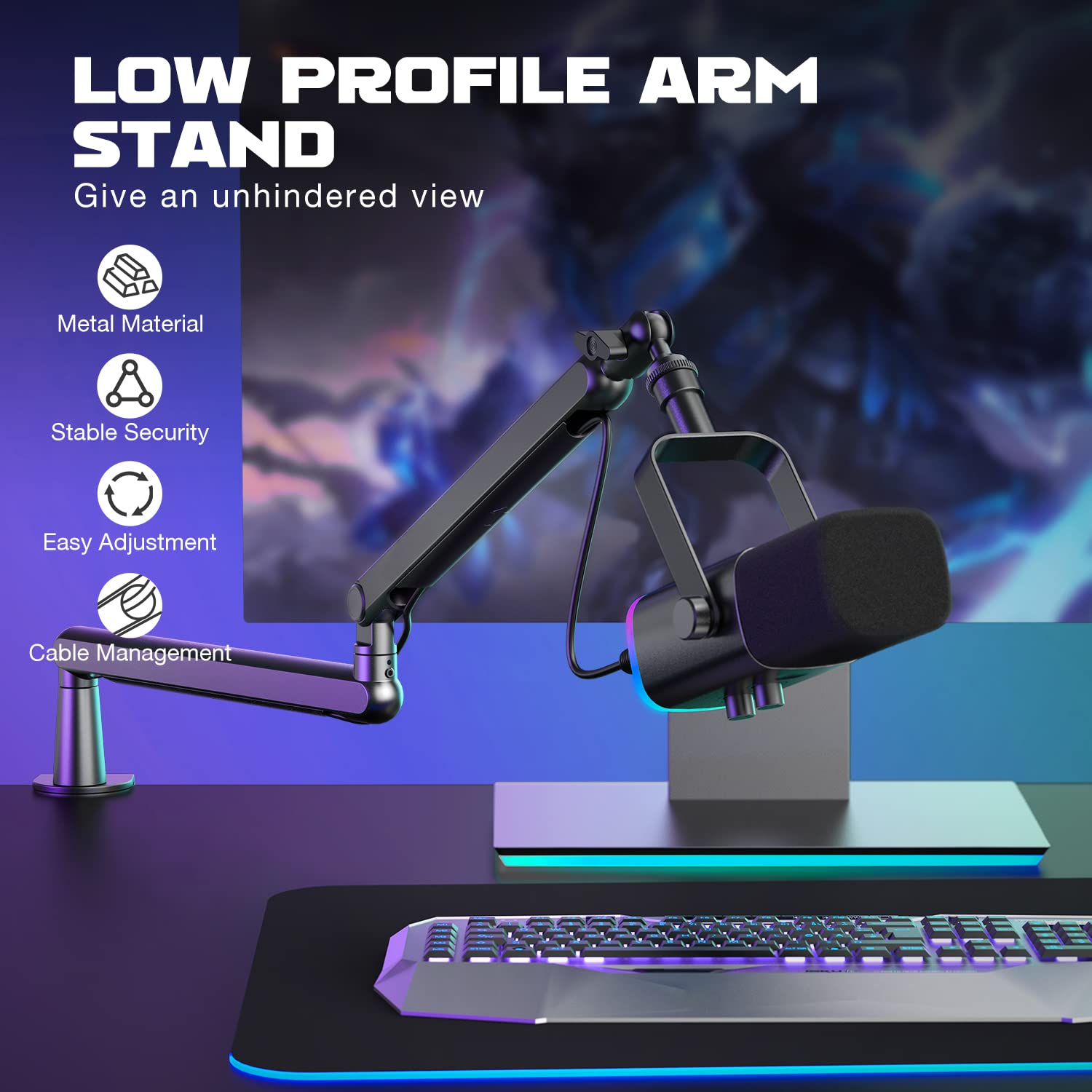FIFINE Microphone Boom Arm, Low Profile Adjustable Stick Microphone Arm Stand with Desk Mount Clamp, Screw Adapter, Cable Management, for Podcast Streaming Gaming Studio-BM88: Black